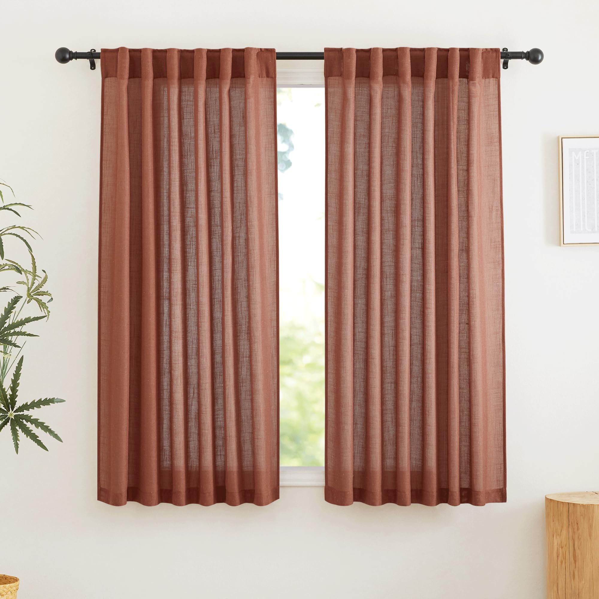 RYB HOME Semi Sheer Linen Blend Curtains 63 inch Length, Light Filtering Semi Transparent UV Protection Window Panels Drapes for Farmhouse, Living Room, Study, W 52 x L 63 inch, Terracotta