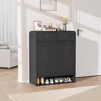 CABIHOME 31.5 in Shoe Storage Cabinet with Adjustable Shelves, 2 Drawers & Bottom Shelf, Freestanding Entryway Organizer with Rounded Corners, Narrow Shoe Cabinet for Hallway, Living Room, Black