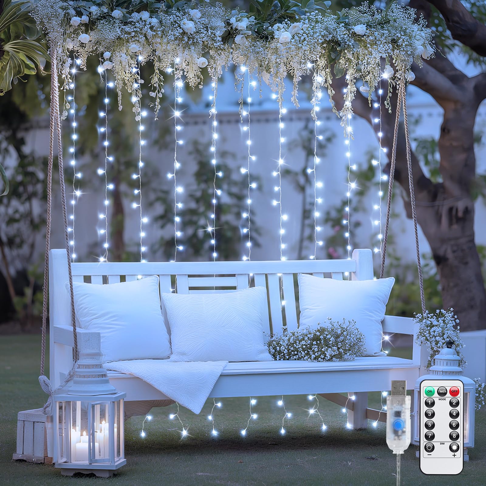 JMEXSUSS 200 LED White Curtain Lights, 6.5ft x 6.5ft White Christmas Lights with Remote, 8 Modes Curtain Hanging String Lights USB Powered for Bedroom