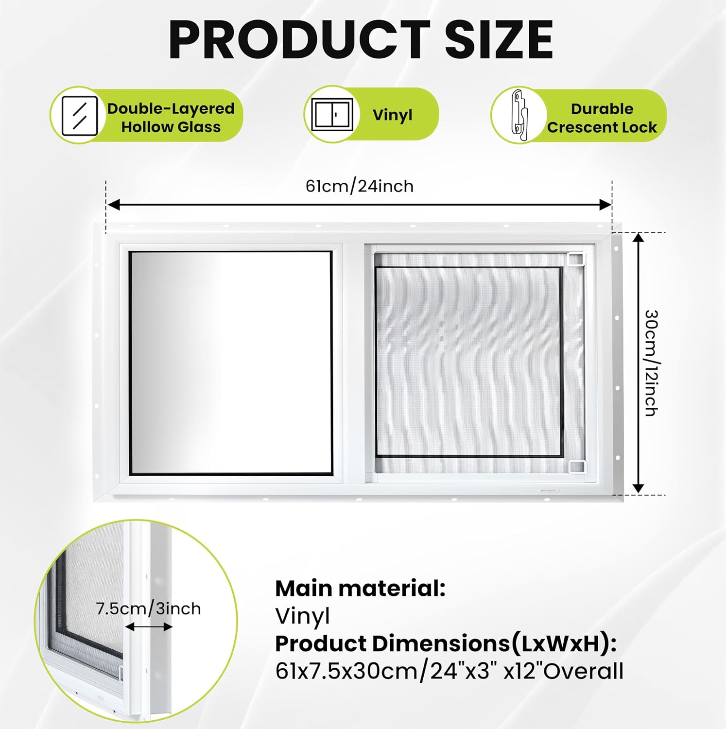 Vinyl Basement Window, 24 x 12 Slider Window with Double Pane Insulated Tempered Glass and Fiberglass Mesh Screen for Basement Bathroom Home Rv Garage (White)