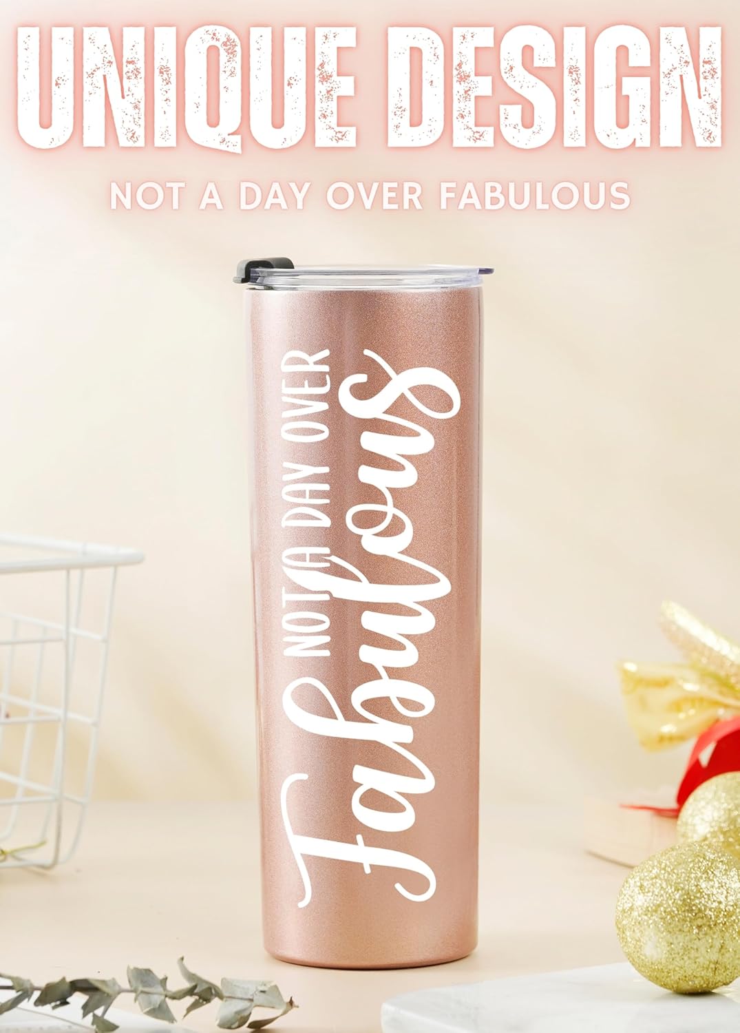 Onebttl Not a Day Over Fabulous Birthday Gifts for Women, Female, Her, 20oz Stainless Steel Insulated Tumbler with Straw Rose Gold Lovely Design - Image 3
