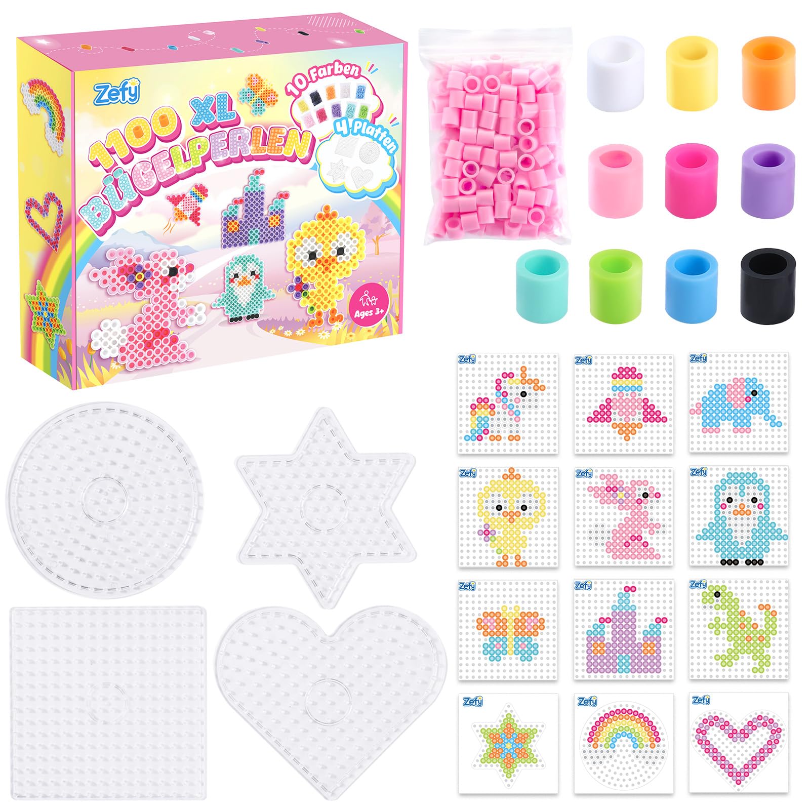 Zefy 10mm Bügelperlen mit 4 Steckplatten, 1100 Stück 11 Farben Groß Bügelperlen Set Maxi Steckperlen für Kinder ab 3 Jahren (Pastell)