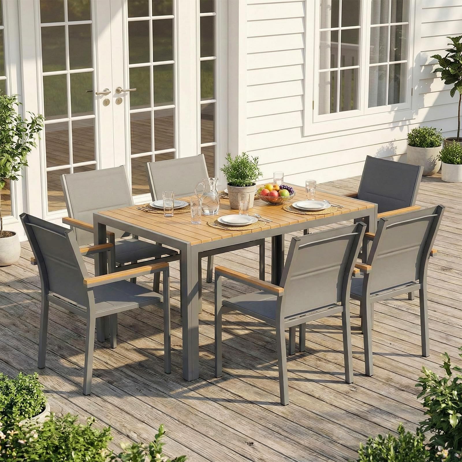 LIFERUN Set di 6 sedie da giardino, in alluminio, con schienale e seduta trapuntati, impilabili, per sala da pranzo, in WPC, per terrazza, balcone, terrazza, piscina, ristoranti, grigio, 6 pezzi