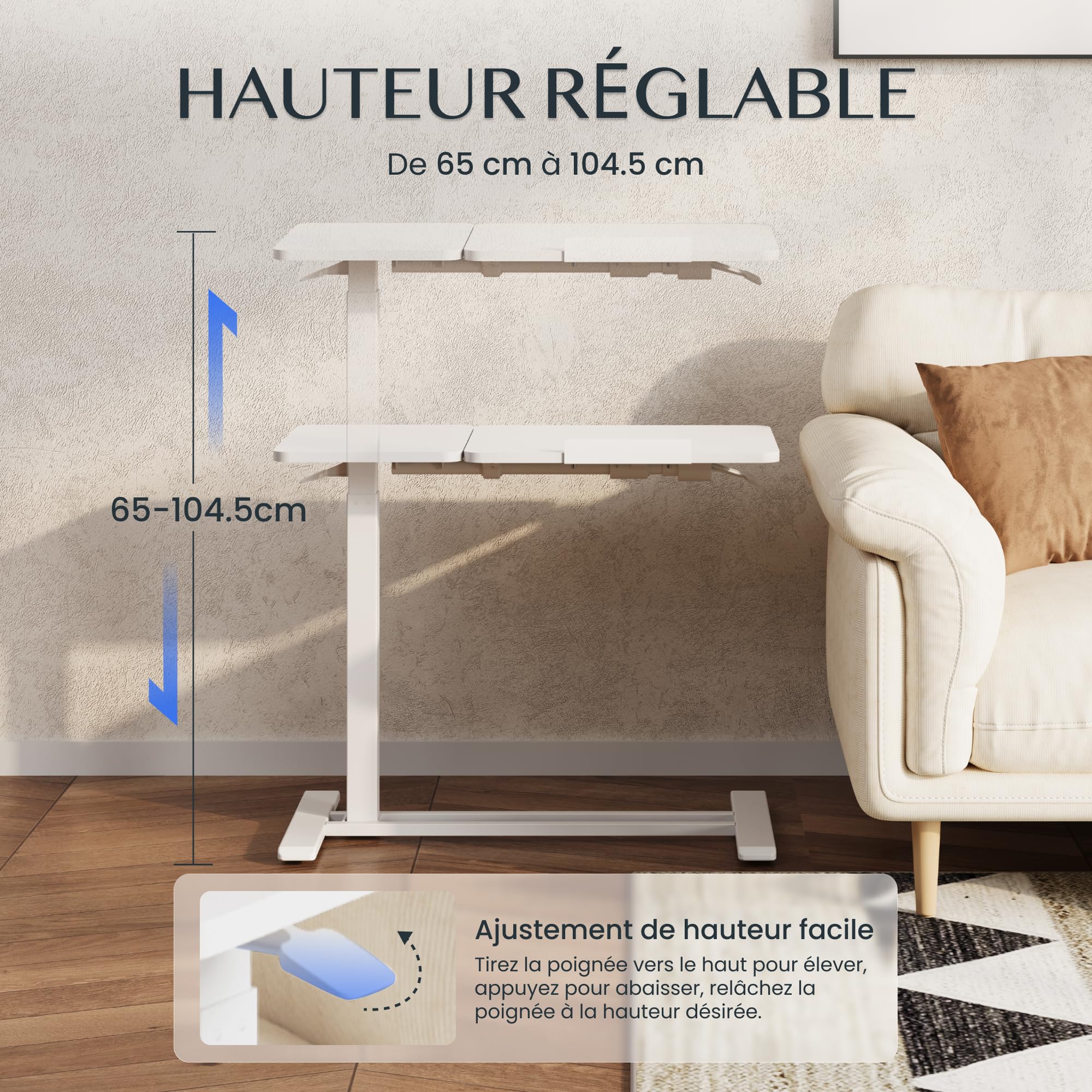 FLEXISPOT Mobilny stolik do łóżka z 4 ukrytymi kółkami – biurko z regulacją wysokości 65-105 cm, blat 80 x 40 cm, obciążenie 70 kg, stolik boczny do laptopa, sypialni, salonu lub sofy (biały)