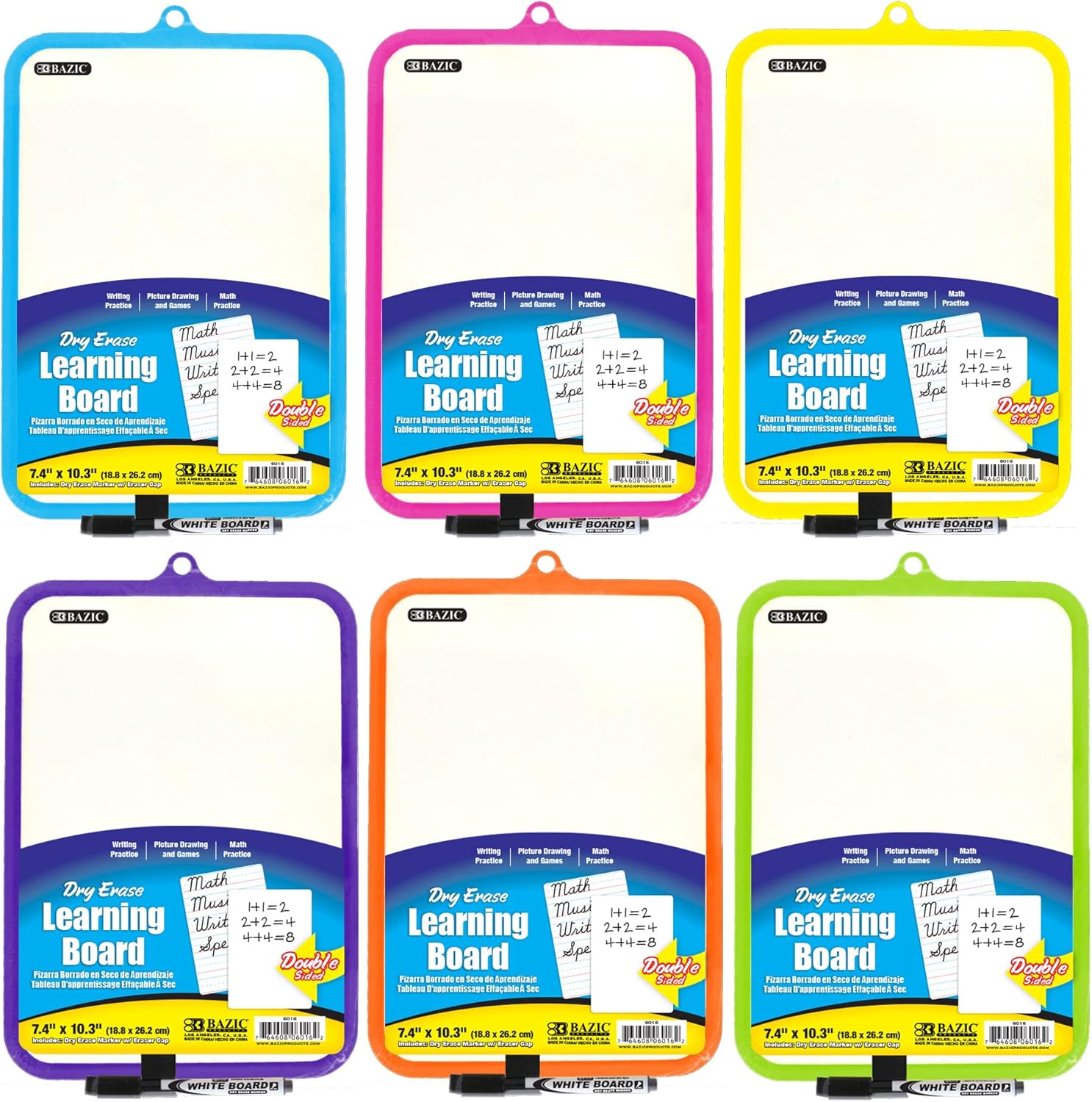 BAZIC Products Dry Erase Lap Board 7.4"x10.3" & Marker + Eraser, Double Sided Primary Ruled & Blank, Small Whiteboards for Teacher Home Office, 6-Pack