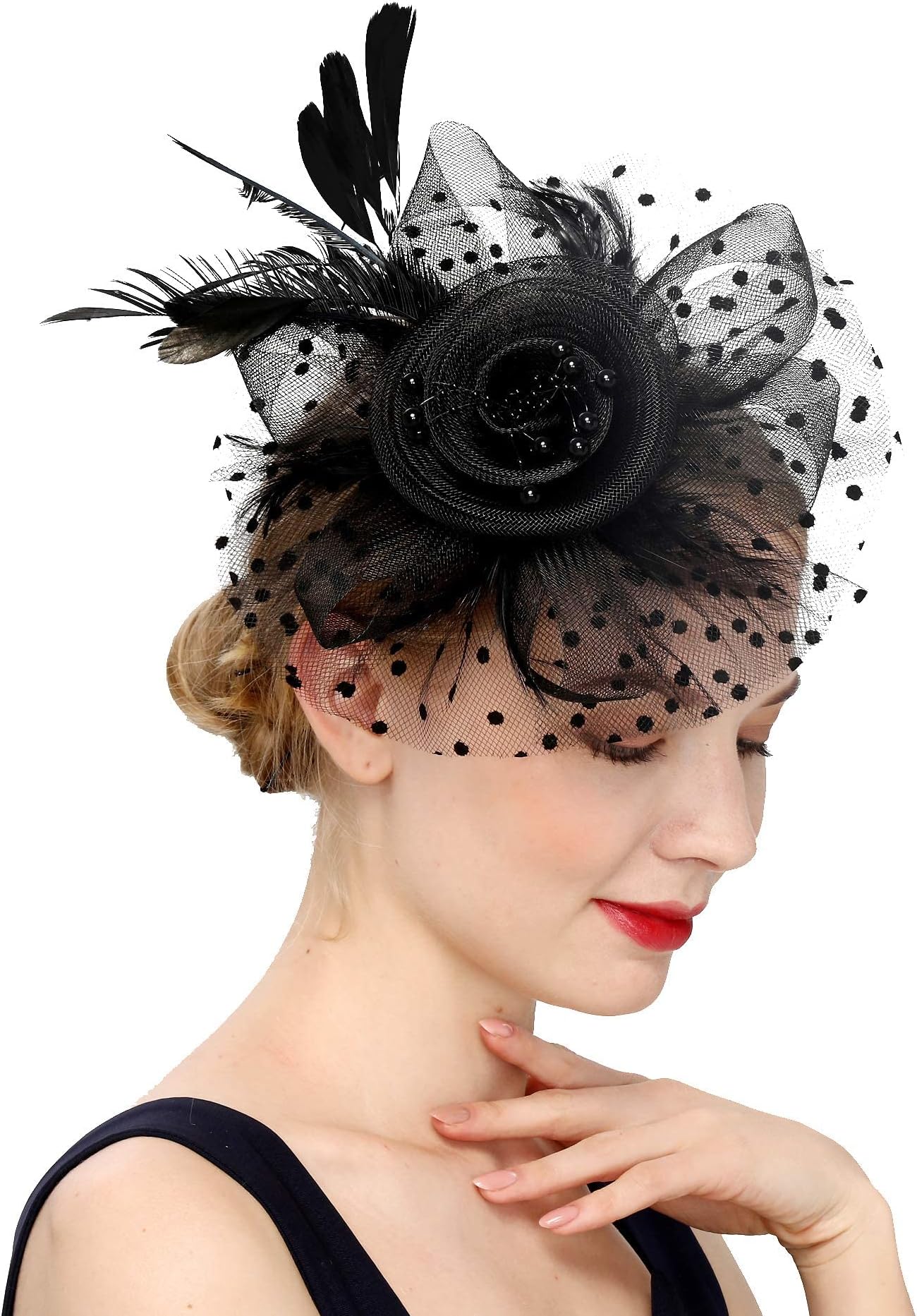 Hat for Women Hat Pillbox Hat, KASTWAVE Bowknot Fascinator Hat Feathers Veil Mesh Headband and Short Lace Gloves Floral Lace Gloves