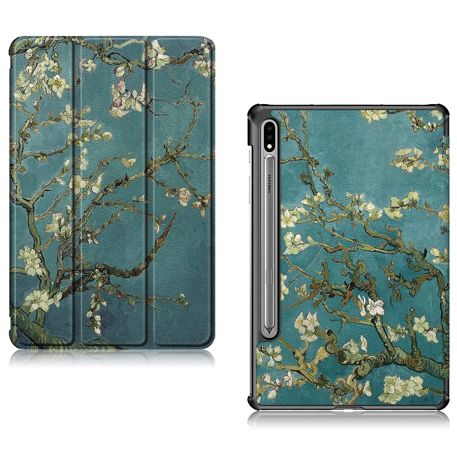 Etui do Samsung Galaxy Tab S8 Plus 12,5 cala 2022/S7 FE 2021/S7 Plus 2020 (SM-X800/X806/T730/T733/T736/T738/T970/T975/T976) lekkie potrójnie składane cienkie etui do automatycznego budzenia E/Sen, migdałowy Kwiat