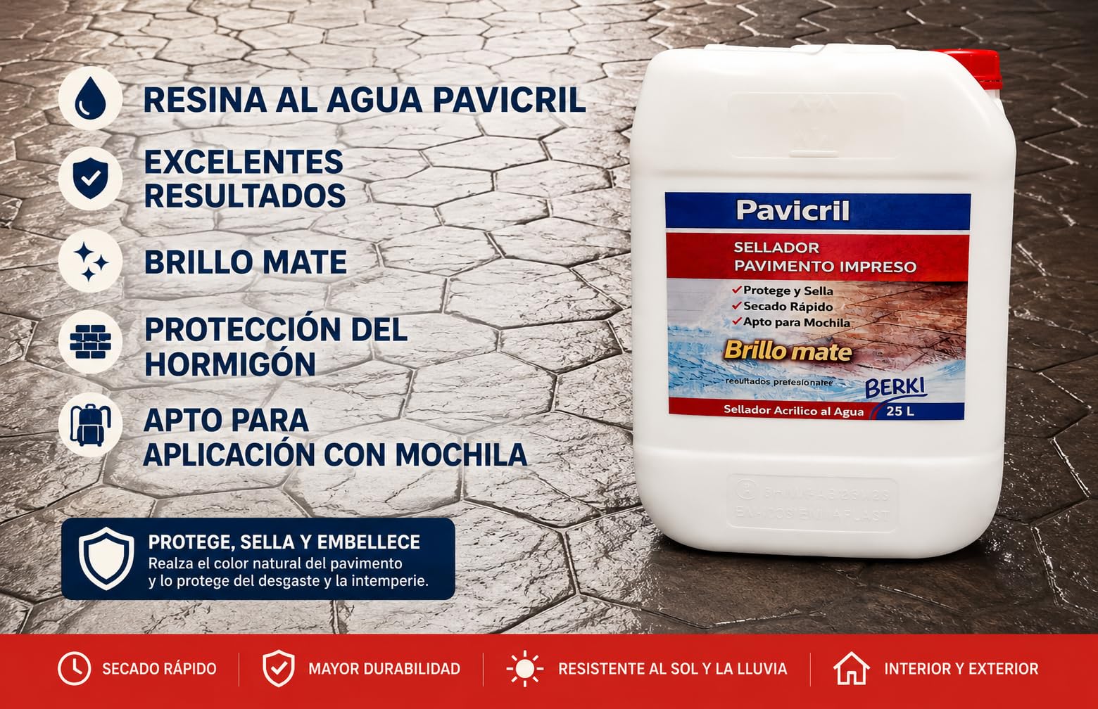 BERKI - Resina para Pavimento Impreso al Agua Pavicril 25 Litros, Sellador Hormigón, Barniz para Pavimento, Protección del Suelo. Brillo Mate, Somos Fabricantes.
