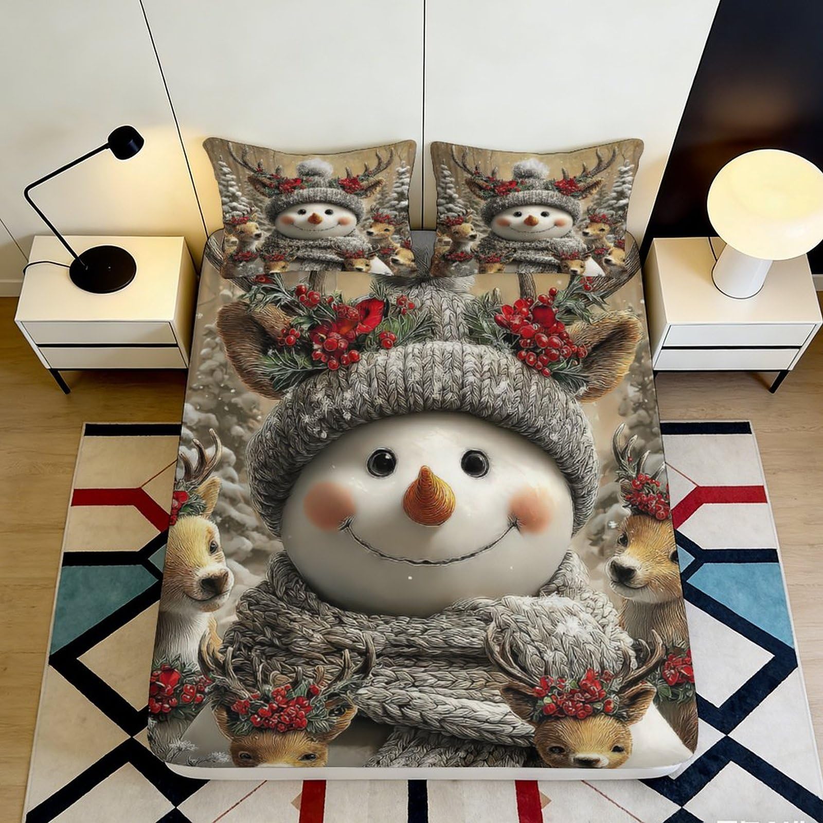 3D Printed Snowman Christmas Fitted Sheet Microfiber Soft Anti-Slip Reindeer Bed Cover for Bedroom Dorm Home Decor 180x200x25cm