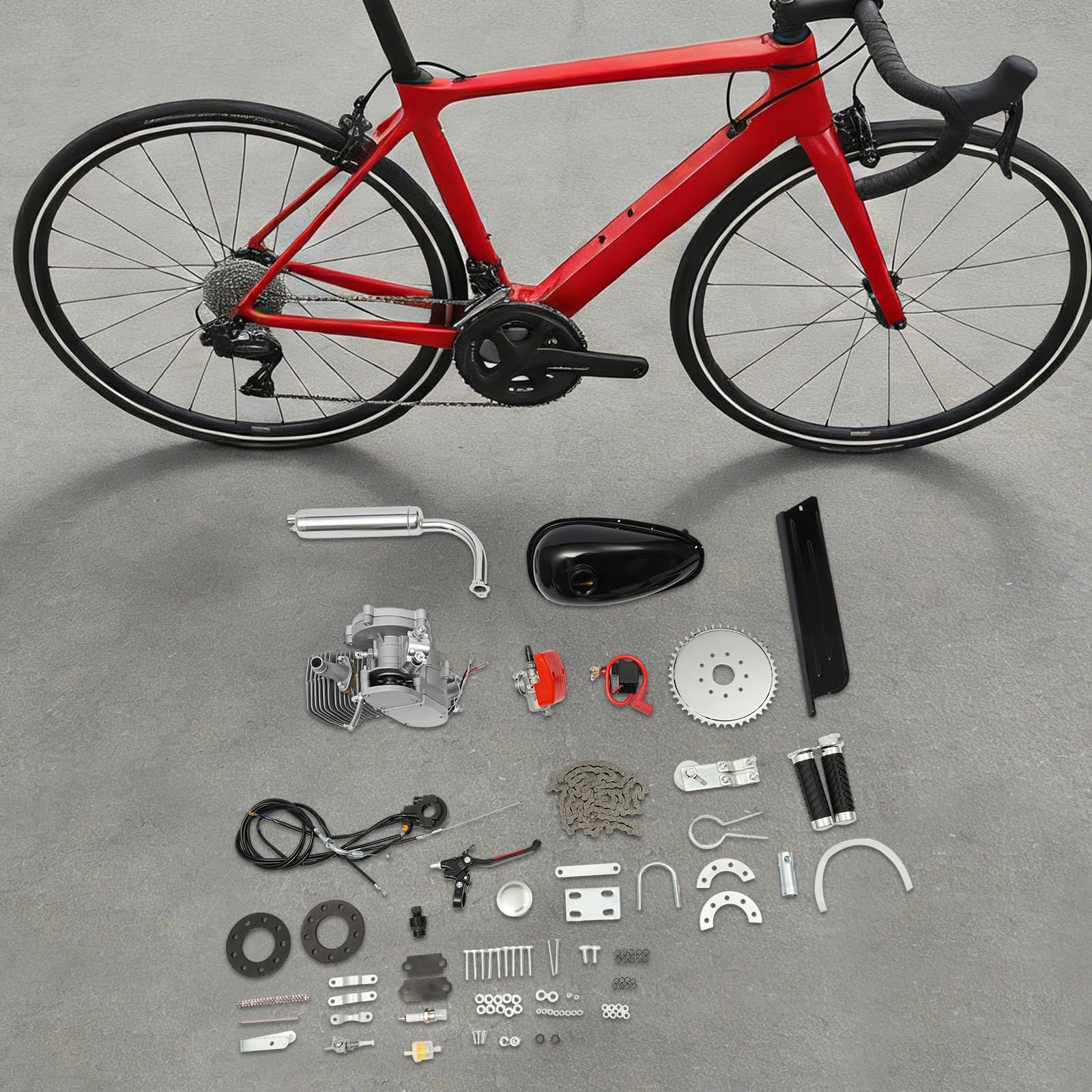 100CC 2-Takt Fahrrad Motor Kit 45km/h Höchstgeschwindigkeit, Luftgekühlt Einzylinder Benzinmotor mit 2L Tank, Umrüstsatz für 26/28 Zoll Mountainbike Rennrad Strandrad