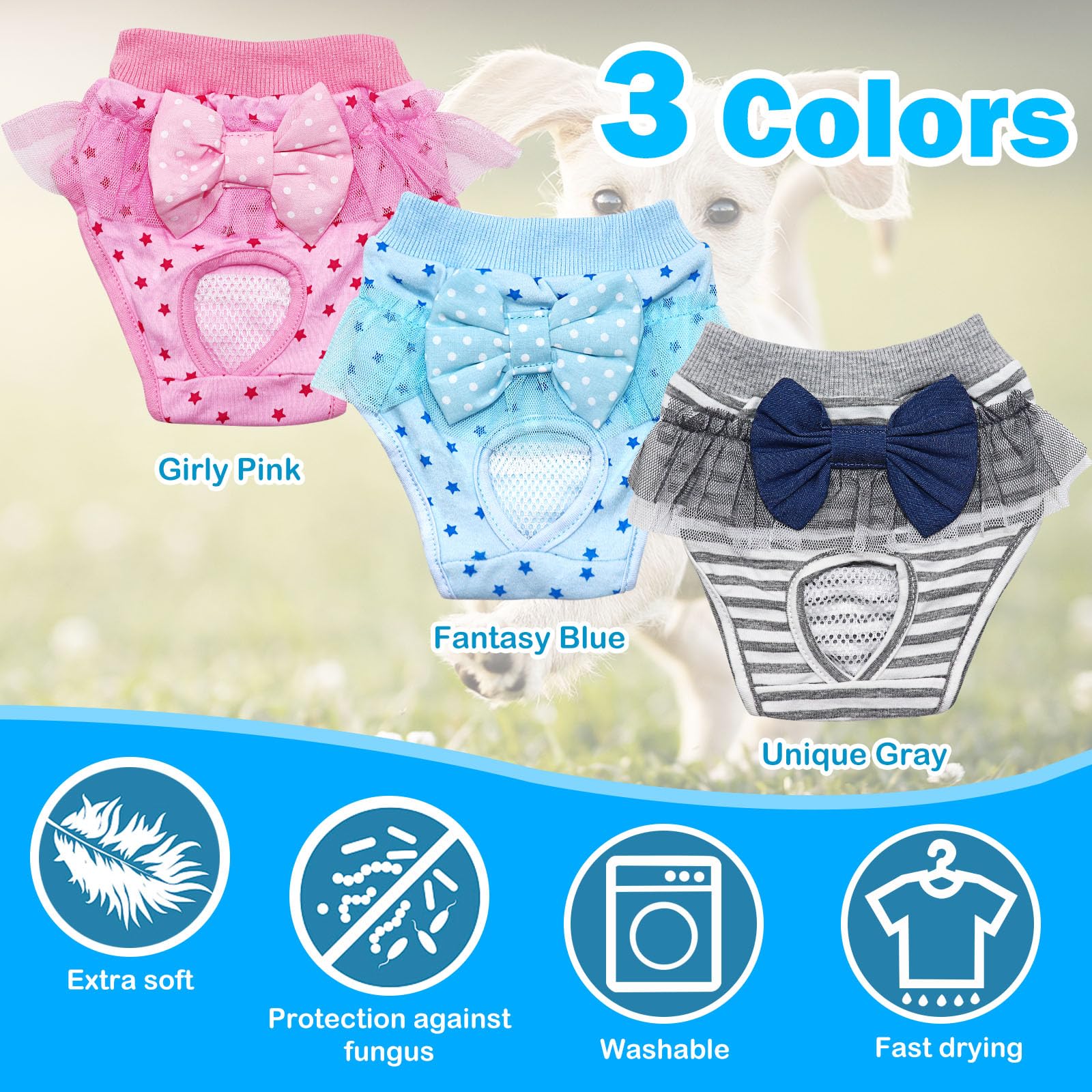 3PCS Female Pet Dog Cat Nappies Set, Dog Period Pants, Washable Females Dogs Nappies, Reusable Dogs Nappy - Image 4