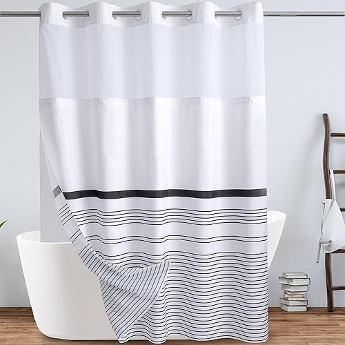 Cortina de ducha bohemia en blanco y negro, tela de hotel a rayas negras, sin gancho, lavable a máquina con forro a presión para baño, bañera, spa, disponible en Yaxa Mexico
