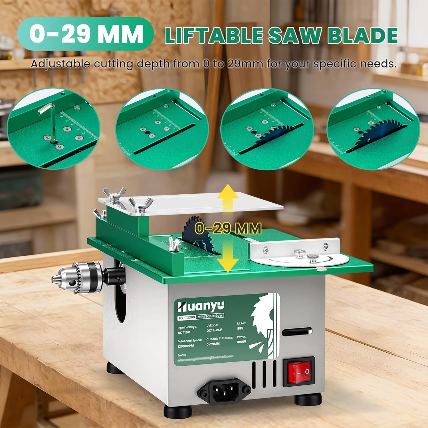 Huanyu Mini Table Saw 300W 1.14IN Cut Depth Portable Precision Hobby Table Saws Set for Wood Model DIY Crafts Woodworking 0-180° Angle Cutting Multifunctional 7-Level Speed Adjustable