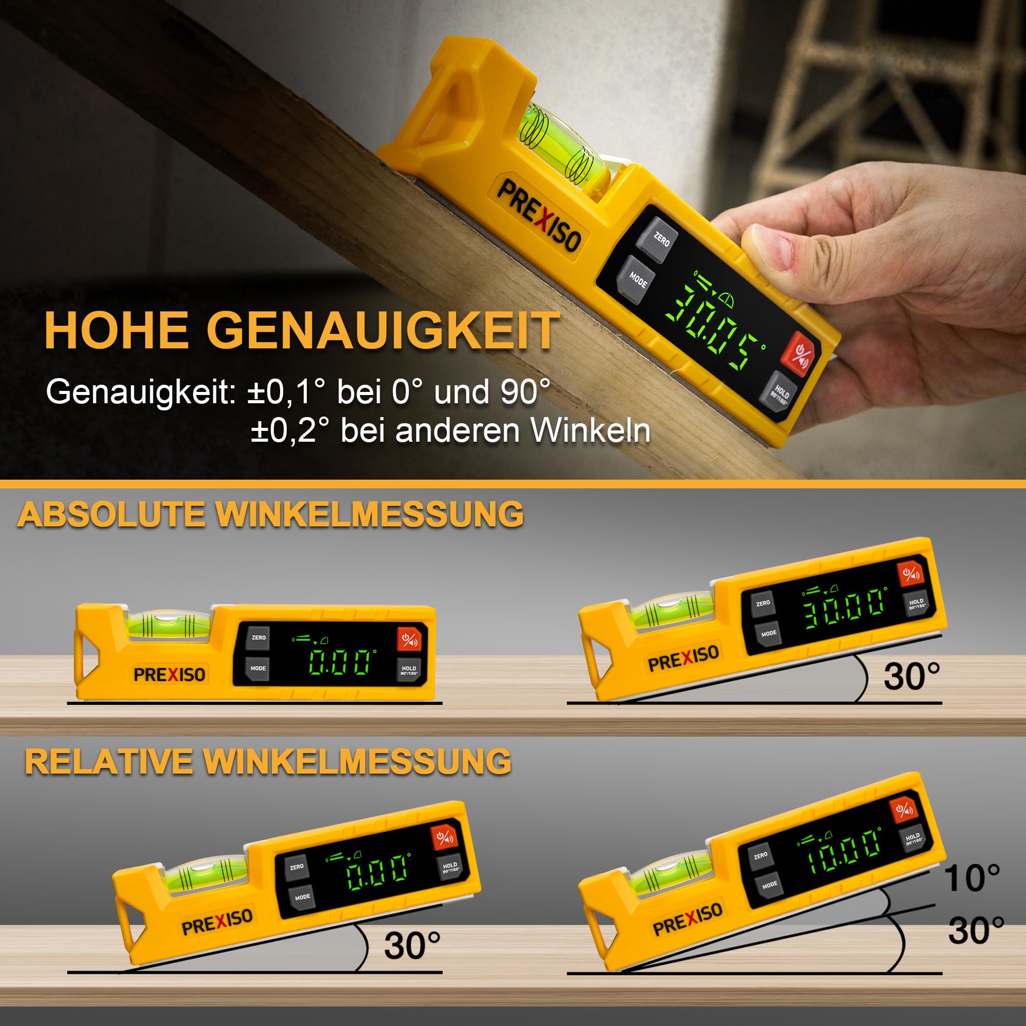 PREXISO Digitale Wasserwaage & Digitaler Winkelmesser, 17,5 cm, 0–90° & 0–180° Messbereich, Magnetische V-Nut, Torpedo-Wasserwaage mit Audioanzeige für Holzarbeiten & Heimwerker