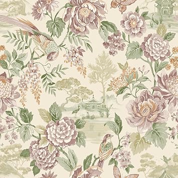 Scenic Bird Trail Japanese and Animal Inspired Wallpaper Blossoms Pagodas Oriental Theme Green/Cream Holden 13810