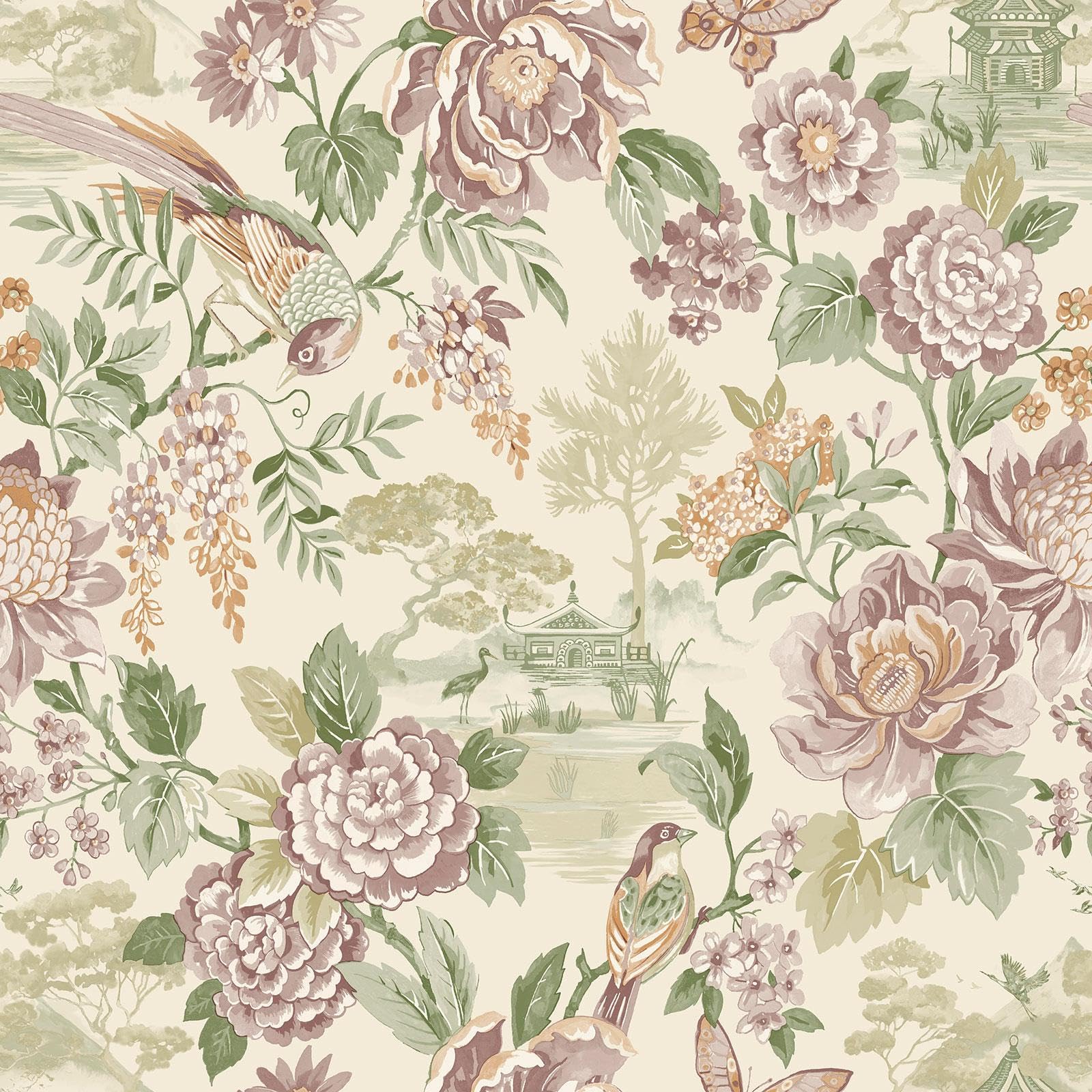 Scenic Bird Trail Japanese and Animal Inspired Wallpaper Blossoms Pagodas Oriental Theme Green/Cream Holden 13810