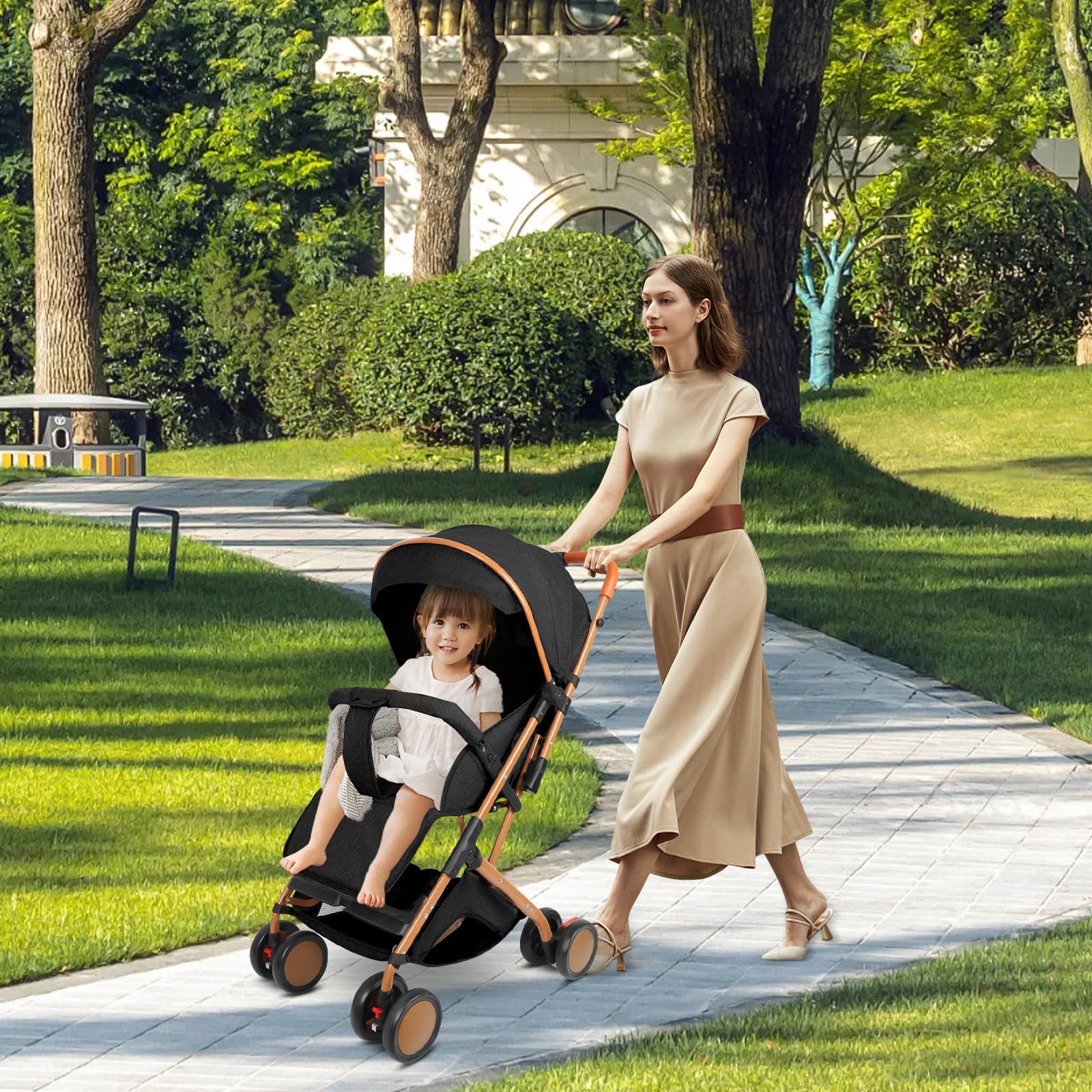 Homewell Passeggino Pieghevole per Bambini 0-6 Anni, Sdraiati Piatti, Pieghevole Una Mano, Cintura Sicurezza, Tettuccio Parasole (Nero)