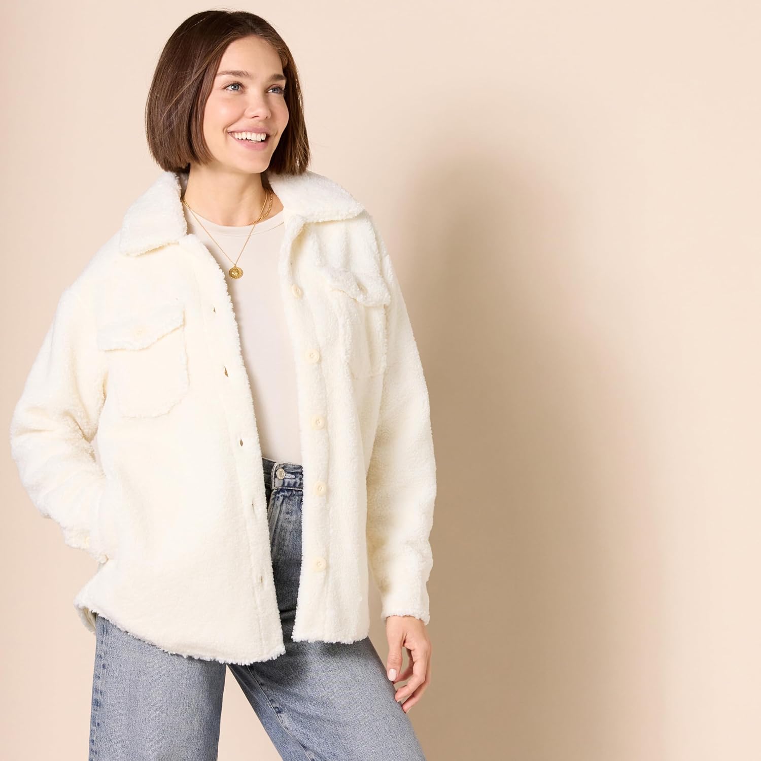 Amazon Essentials Women's Oversized Teddy Sherpa Shirt Jacket (Previously Goodthreads) X-Small Cream