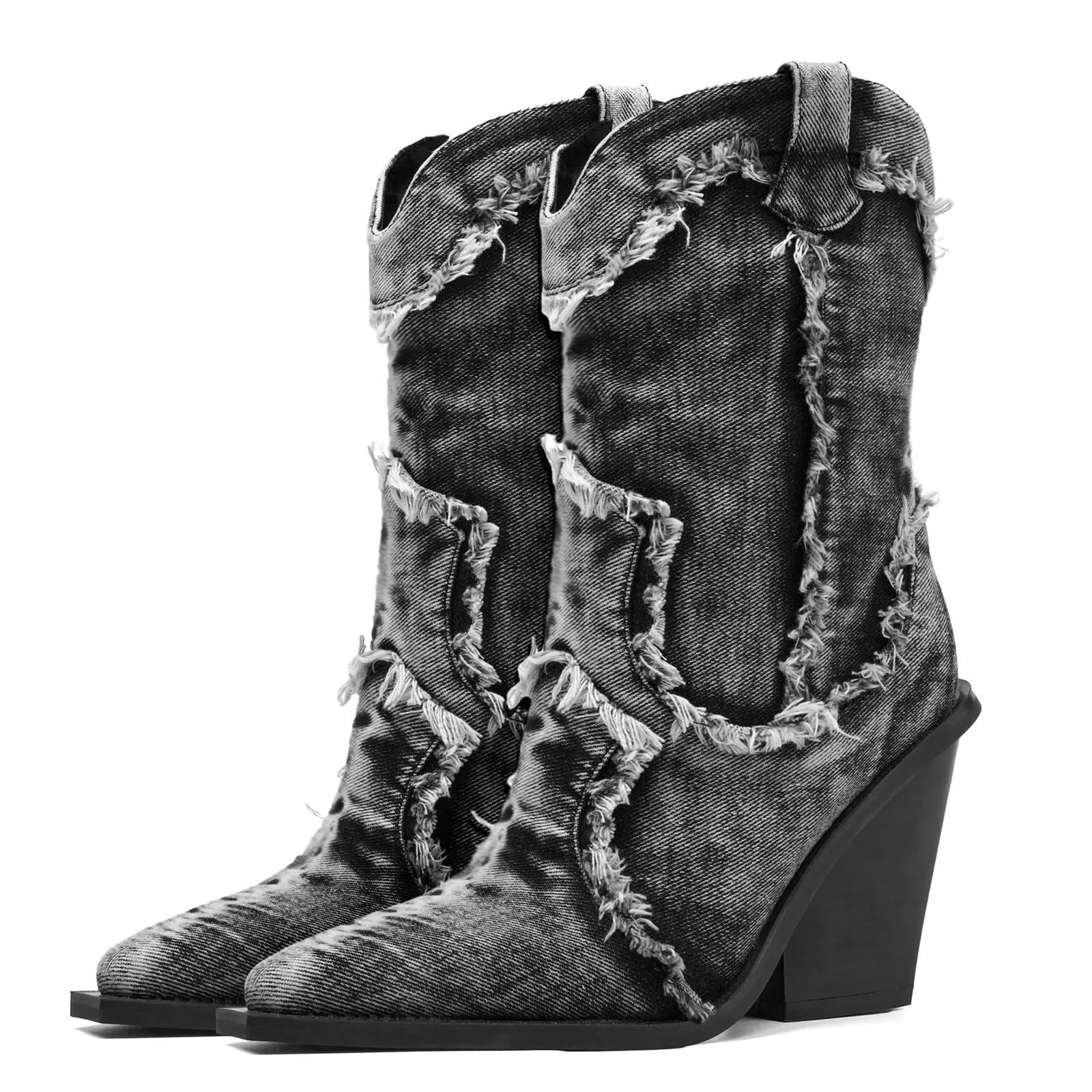 Rhinestones Denim Boots for Women Sparkly Wide Calf Cowboy Boots Almond Pointed Toe Chunky Block Heel Jean Mid Calf Cowgirl Boots Western Retro Jeans