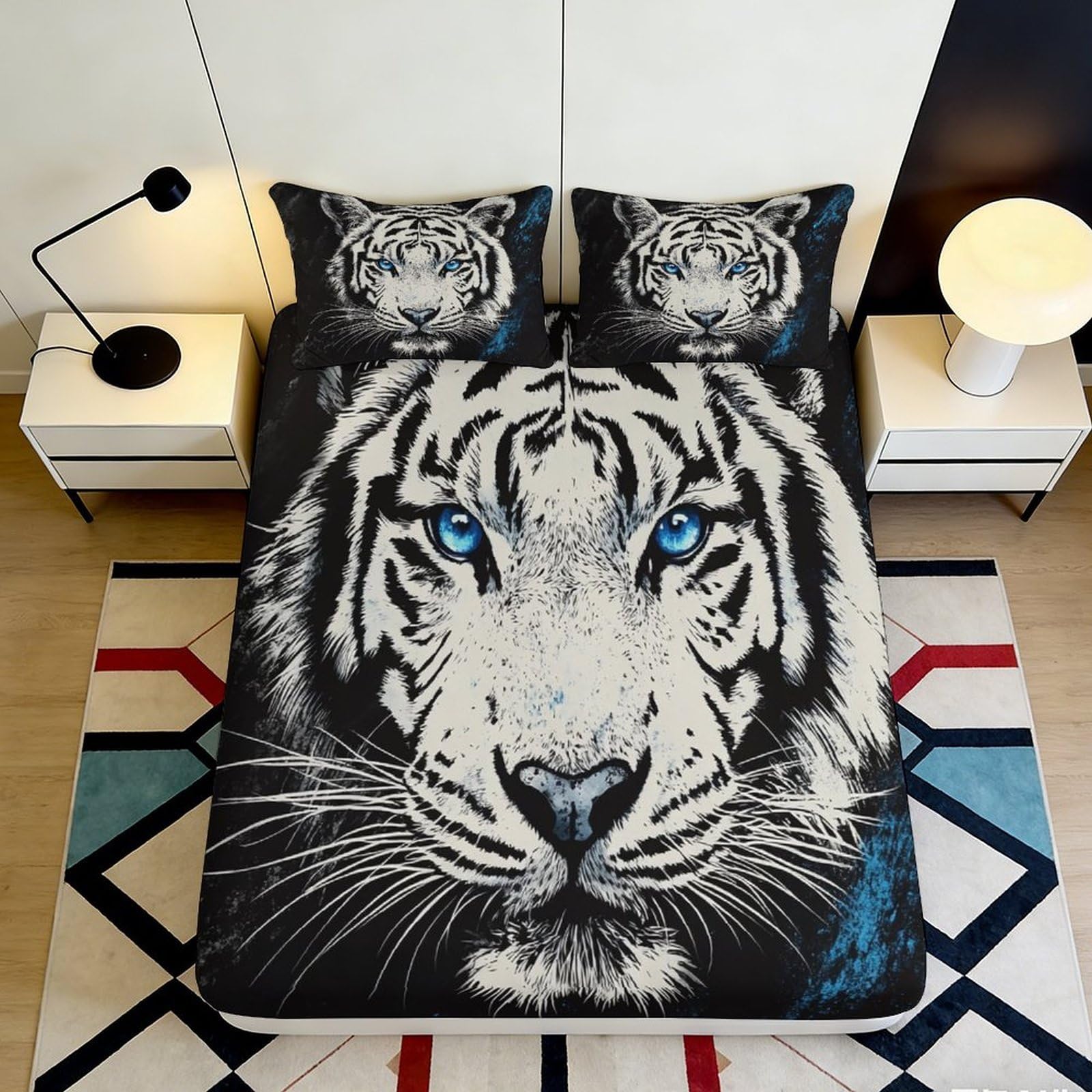 3D Printed White Tiger Fitted Sheet Microfiber Blue Eyes Bed Cover for Bedroom Dorm Mattress Decoration Easy Care 90x200x25cm