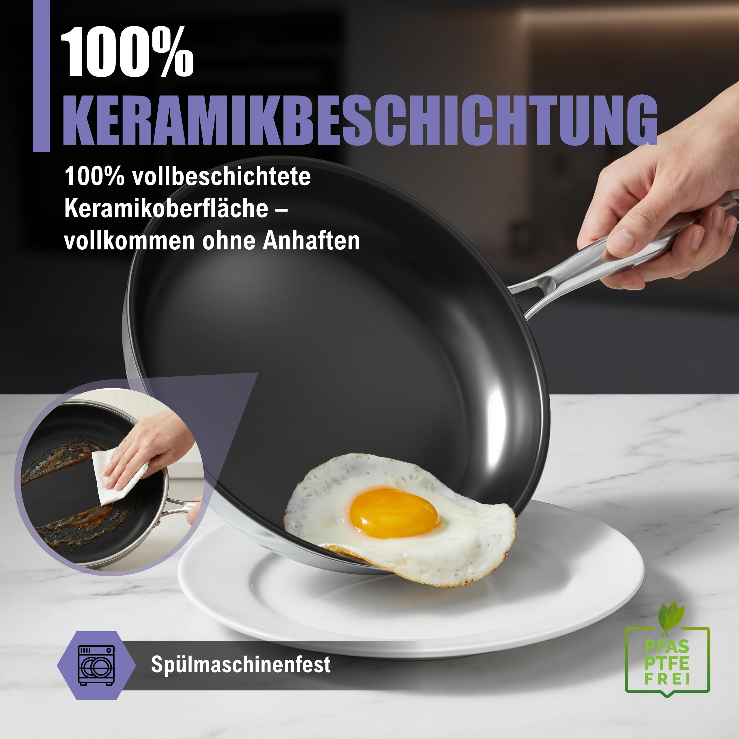 Keramikpfanne 32 cm Induktion Antihaft PFAS-frei Bratpfanne | Beschichtete Keramik Pfanne 32 cm, PTFE-frei, für Induktion & alle Herdarten, backofenfest bis 250 °C, spülmaschinenfest