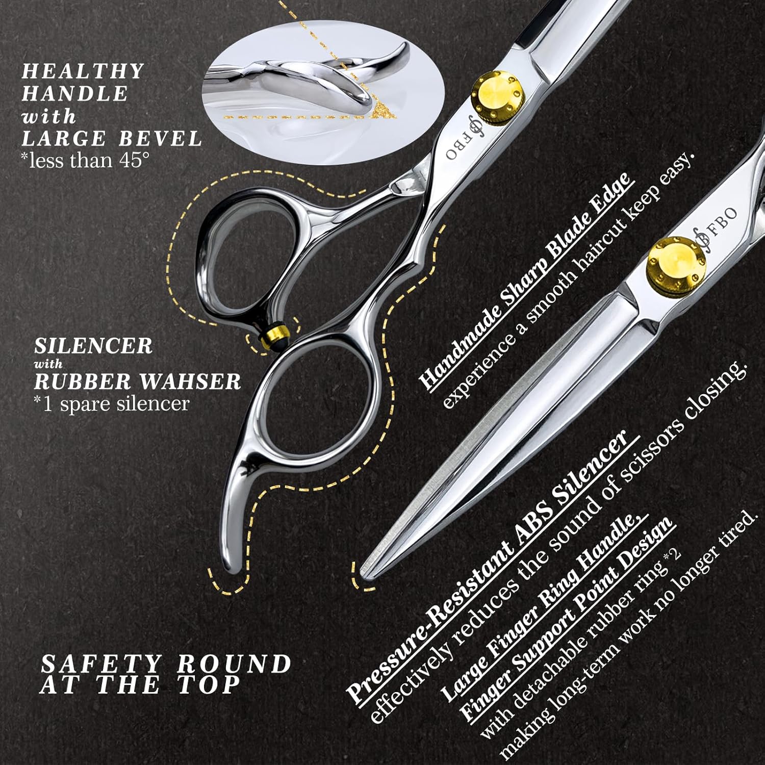 FBO Pro Hair Scissors 6.5" - 440C Steel, Precision Blades, Sharp Durable & Smooth Cutting, for All Hair Types, Home & Salon Use (Golden)