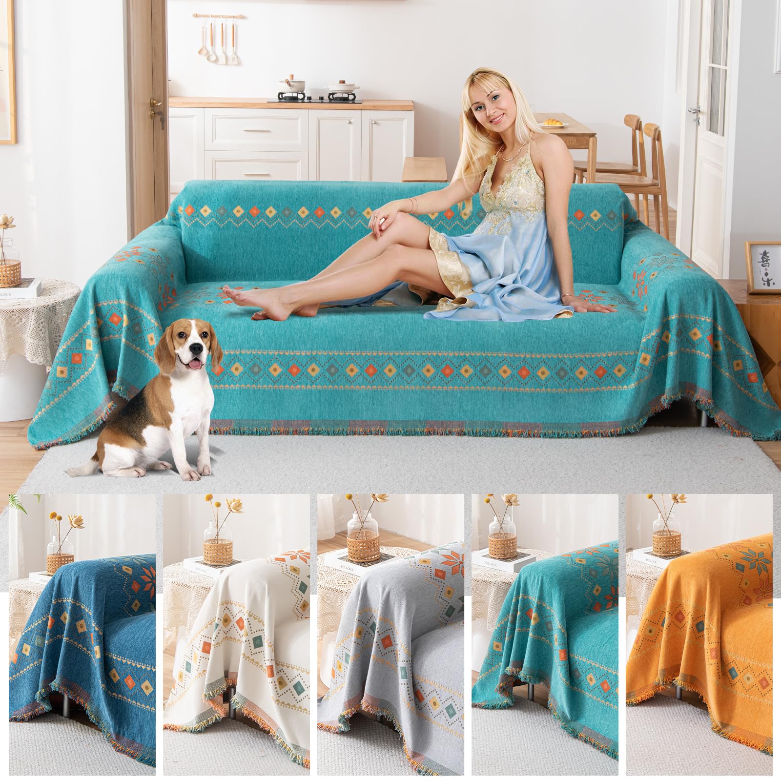 Grand Plaid Chenille Vert 180x300cm - Couvre-Canapé Doux Et Lavable