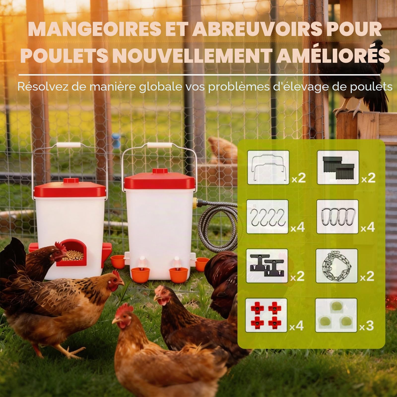Lot Mangeoire et Abreuvoir Automatique pour Poules, Mangeoire Anti-Gaspillage 10 kg, Abreuvoir 11 L à Niveau Automatique, Étanche et Résistant UV, avec Tuyau d'Arrosage et Accessoires de Montage