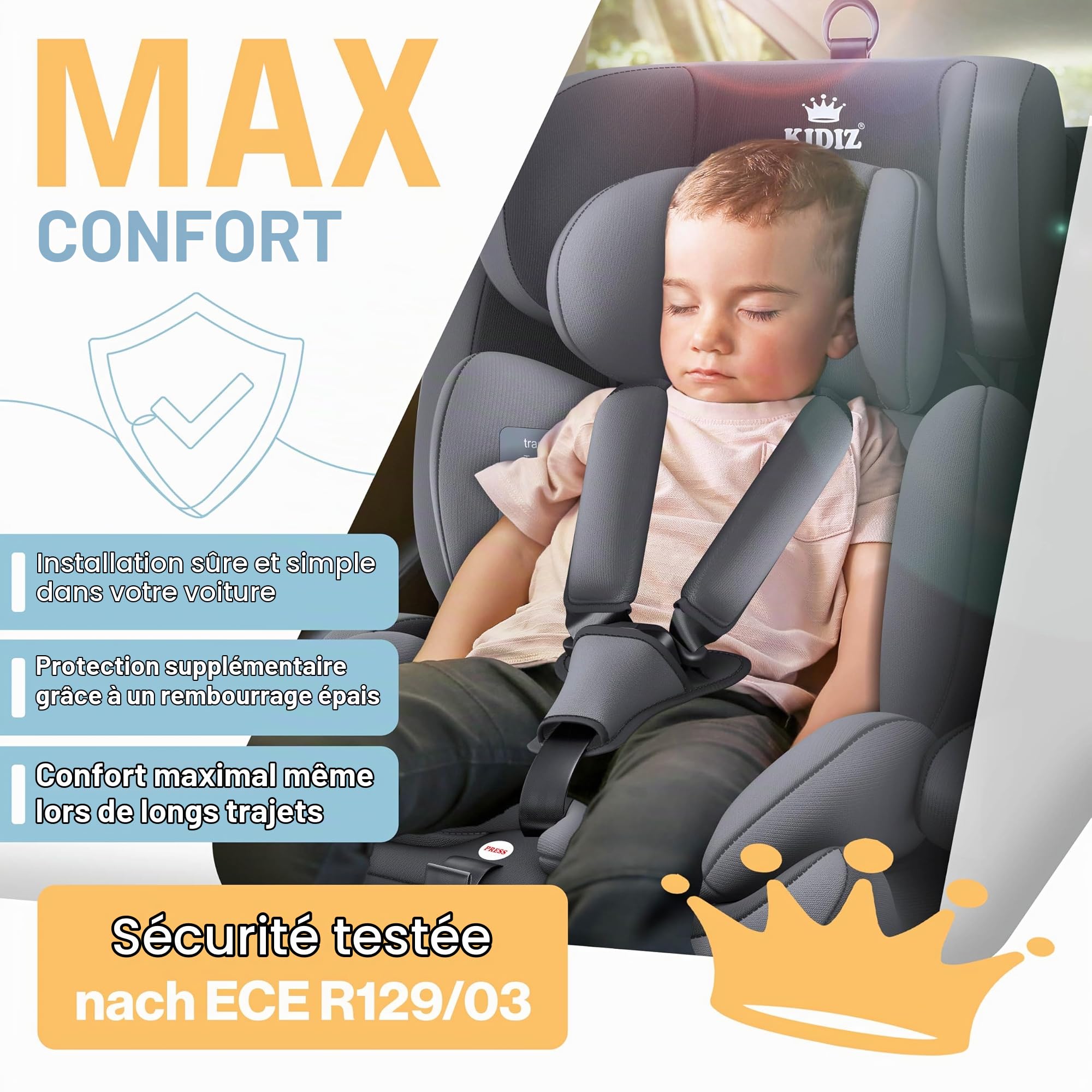 KIDIZ® Siège auto pour enfant avec Isofix i-Size R129 de 100 à 150 cm jusqu'à 12 ans, groupe 1/2/3, siège auto grandit, harnais 5 points et appuie-tête réglable en hauteur, gris