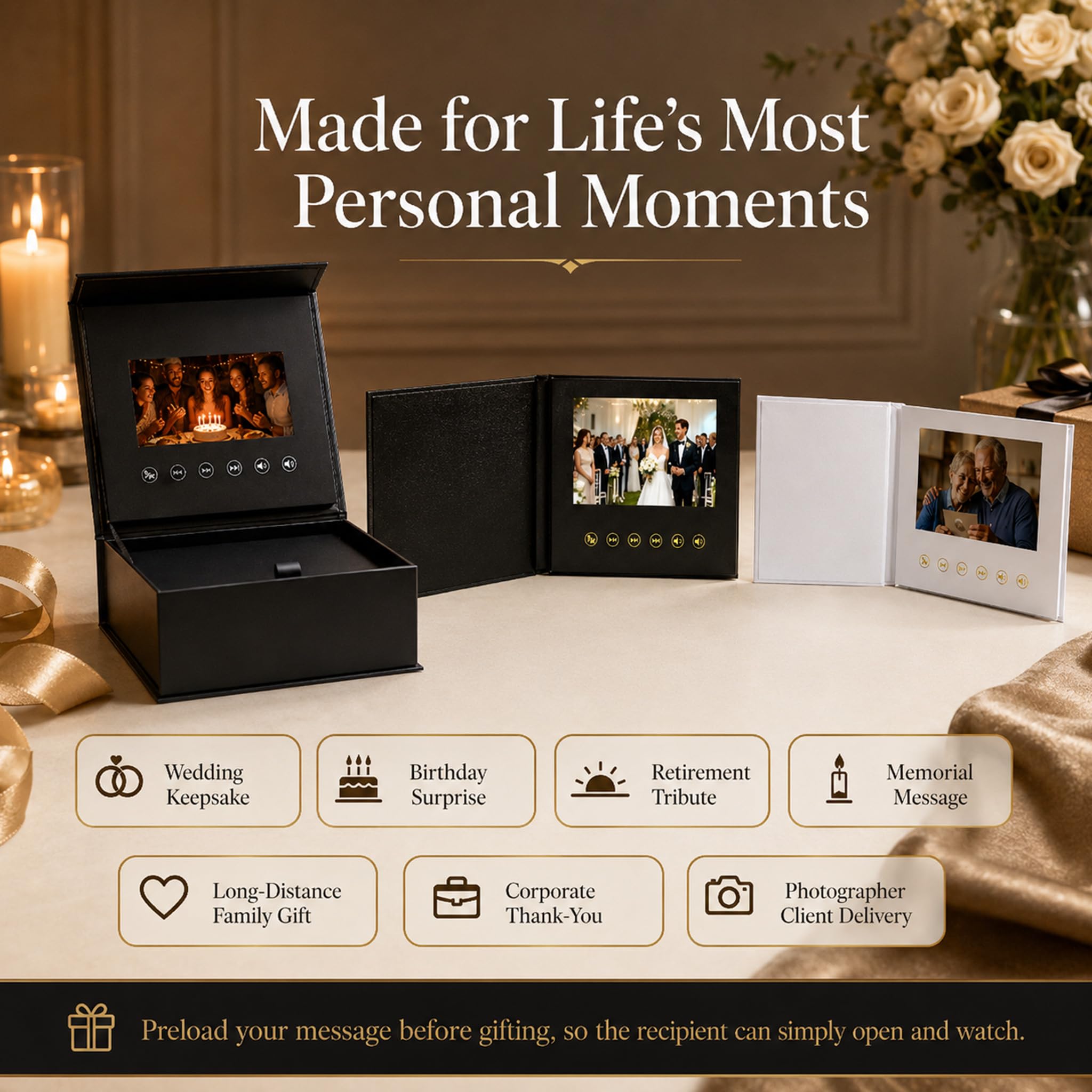 Coffret cadeau vidéo mariage et anniversaire - Écran IPS 5 pouces, 4 Go, Type-C - Fermeture magnétique personnalisée pour vœux personnalisés