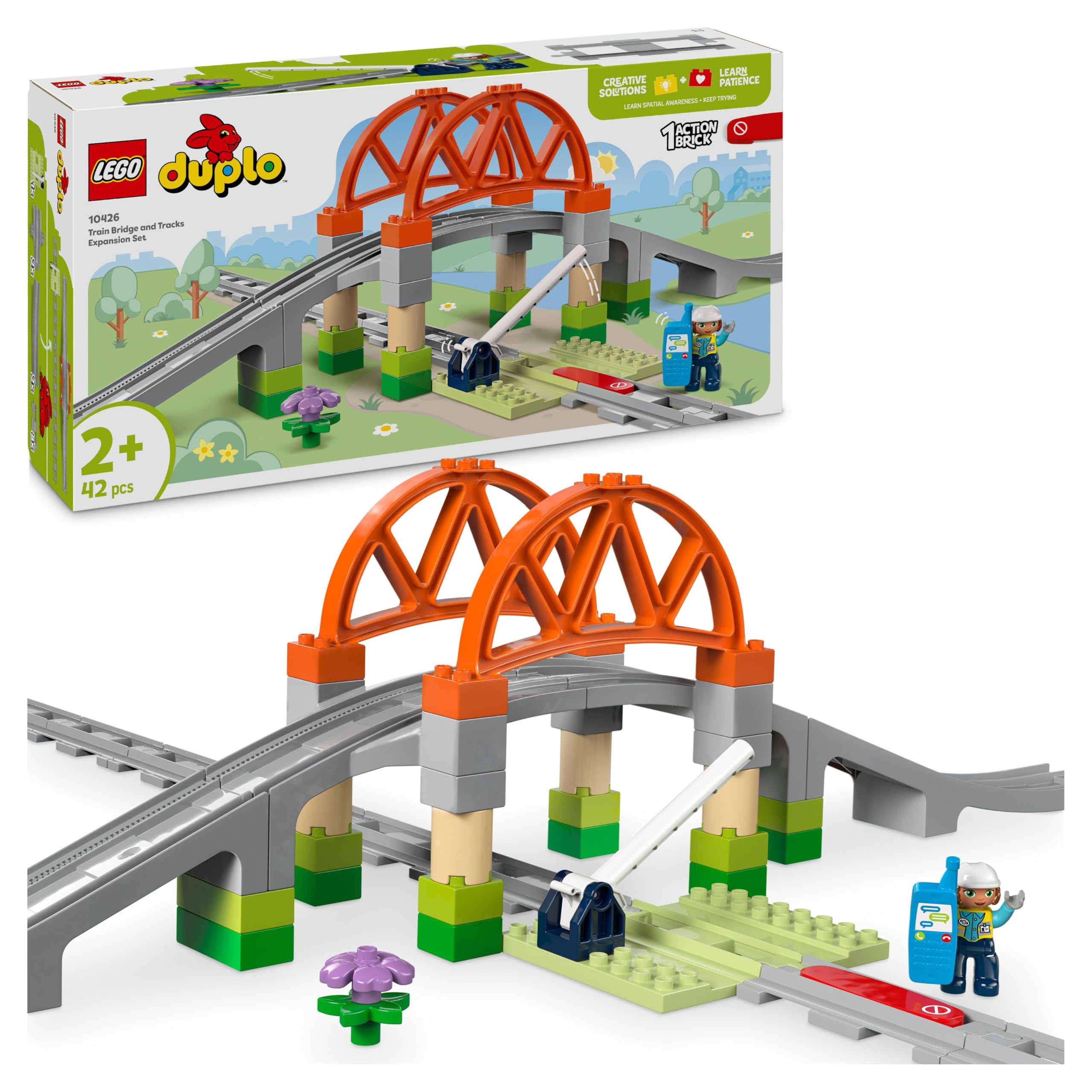 LEGODUPLO Train Bridge and Tracks Expansion Set - Educational Learning Toy for Toddlers - incl. 8 Track Pieces, a Bridge, Barrier & an Action Brick - Gift for 2+ Year Old Boys & Girls - 10426
