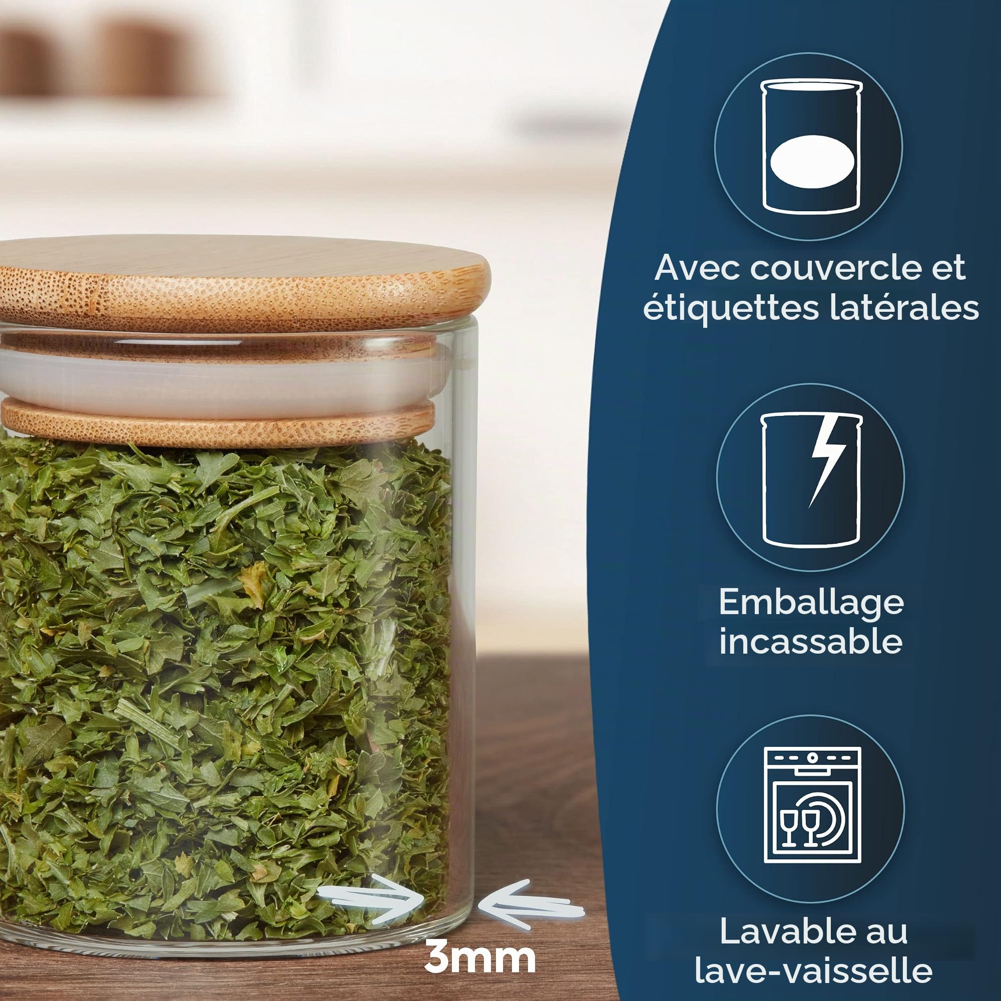 CLIDOR Lot de 12 pots à épices ronds de 125 ml, épaisseur du verre accrue, boîtes à épices empilables avec couvercle en bambou, récipients à épices hermétiques pour la cuisine, pots à épices