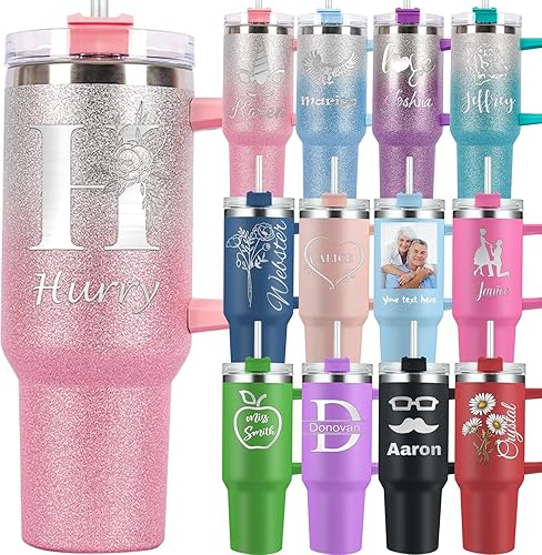 Vaso personalizado con asa de 40 onzas con nombre inicial grabado personalizado con tapa y pajita, taza de café de acero inoxidable aislada Vaso personalizado con asa de 40 onzas con nombre inicial grabado personalizado con tapa y pajita, taza de café de acero inoxidable aislada