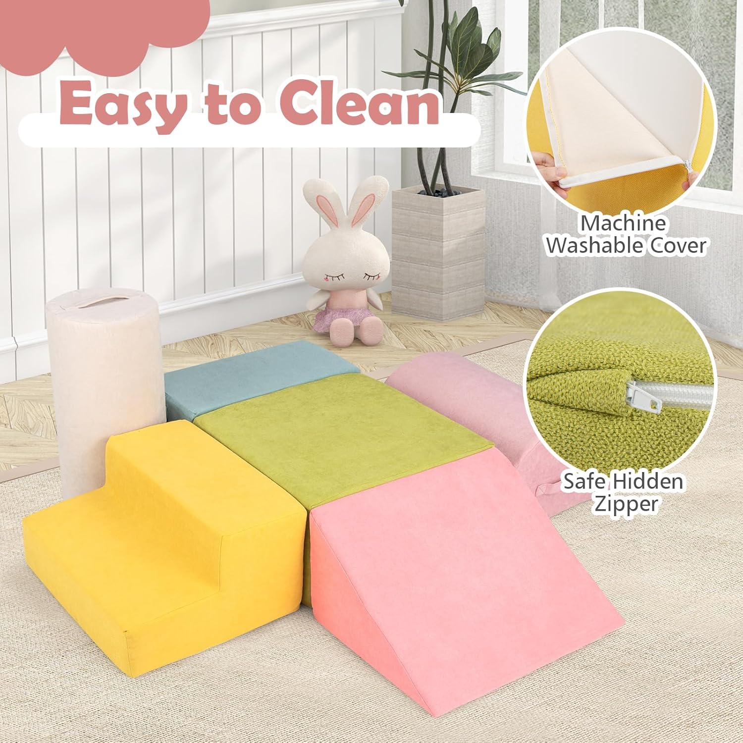 Costzon Toddler Climbing Toys Indoor, 6 Pieces Foam Climbing Blocks for Baby Inside with Skin-Friendly Chenille Fabric, 30D High-Density Foam & Carrying Handles, Soft Play Climbing for Toddlers (Pink)