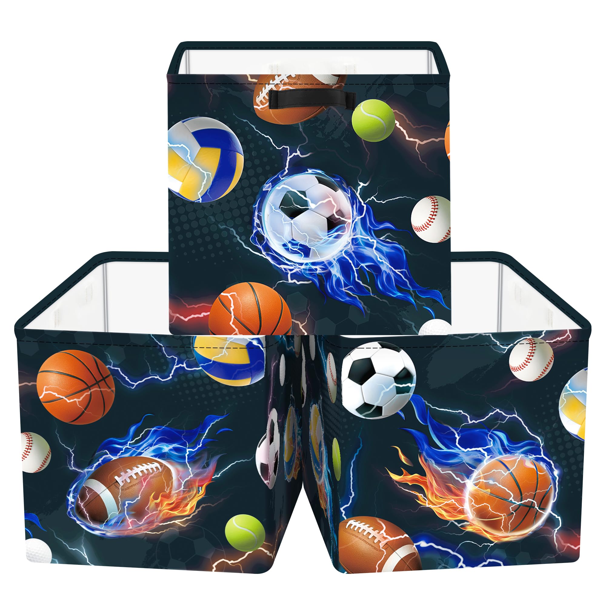 HUUMONSS 11.8" Sport Ball Storage Cube Organizer Set 3Pcs Clothes Storage Basket Bin for Home Basketball Volleyball Kid Book Toy Chest