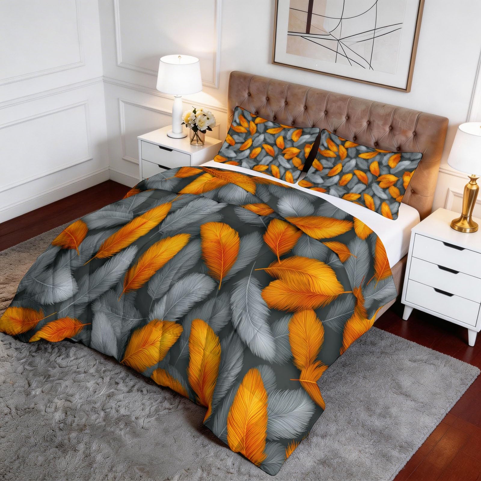 Trapunta Matrimoniale o Singola Stampa 3D 150x200 cm piume grigio-arancio Trapunta Set 3 Pezzi con 2 Federe, Piumone Letto 4 Stagioni Trapuntino Traspirante Morbida