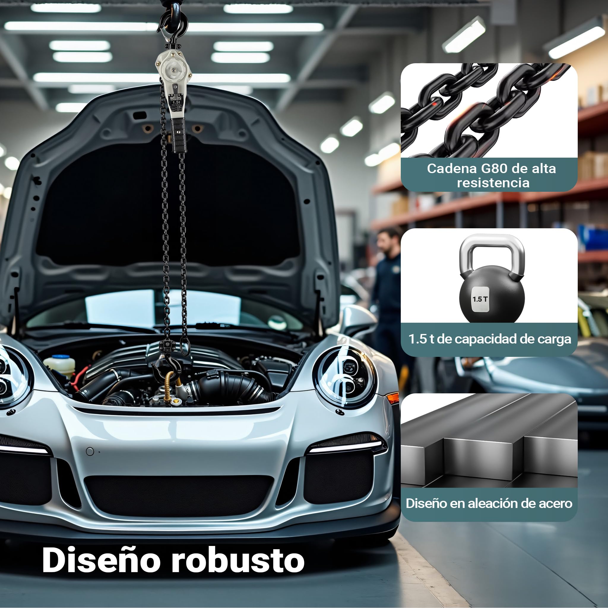 Wiltec Polipasto de palanca 3 t compacto y seguro con empuñadura giratoria 360°, freno doble, gancho de acero forjado, ideal para espacios reducidos, elevador de cadena manual resistente
