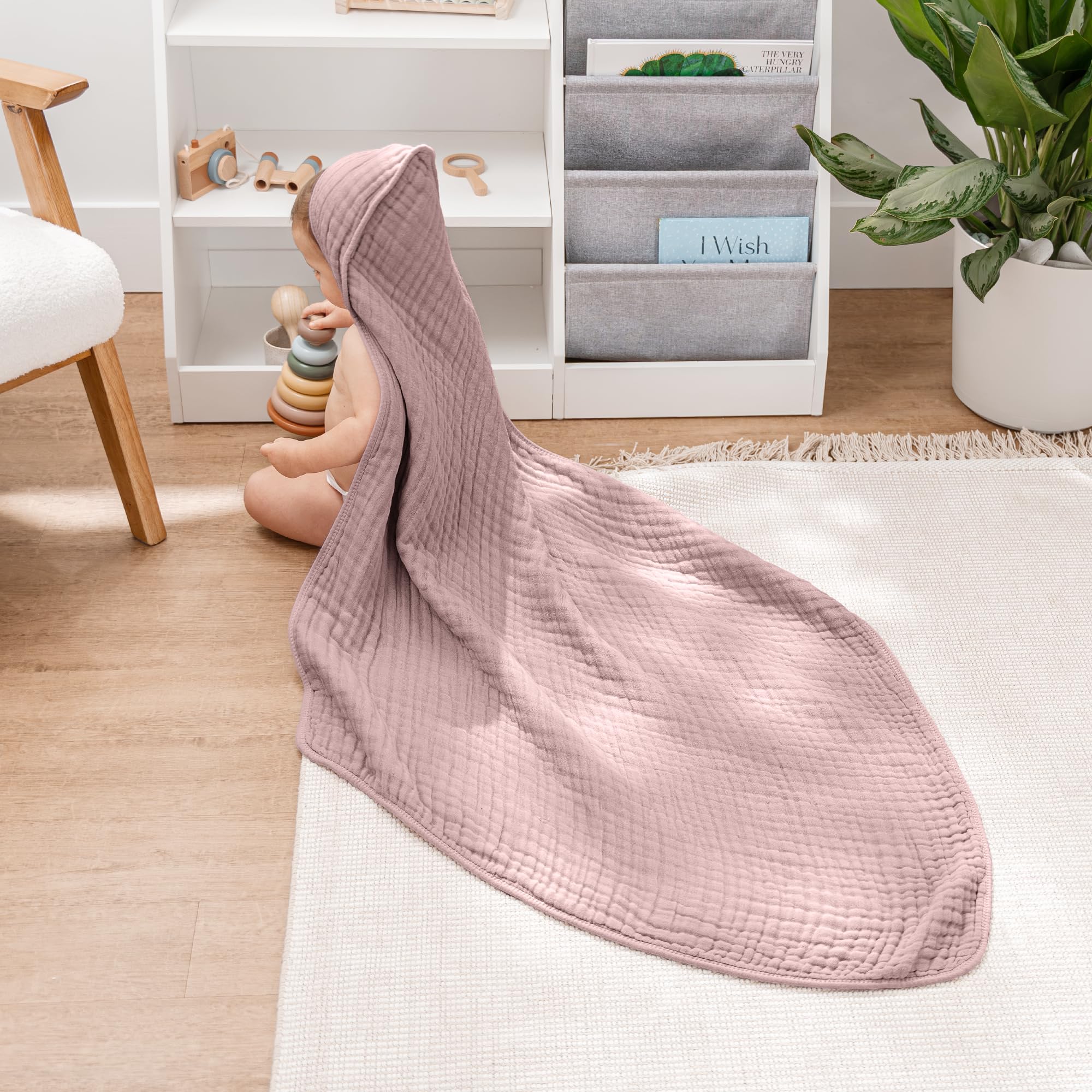 Comfy Cubs Baby Hooded Towel 2-Pack, Large 81cm x 81cm - 6-Layer, Soft, Durable & Absorbent Baby Bath Towel - 100% Muslin Cotton Bathing Products for Babies, Toddlers & Kids - Mauve and Blush — view 2
