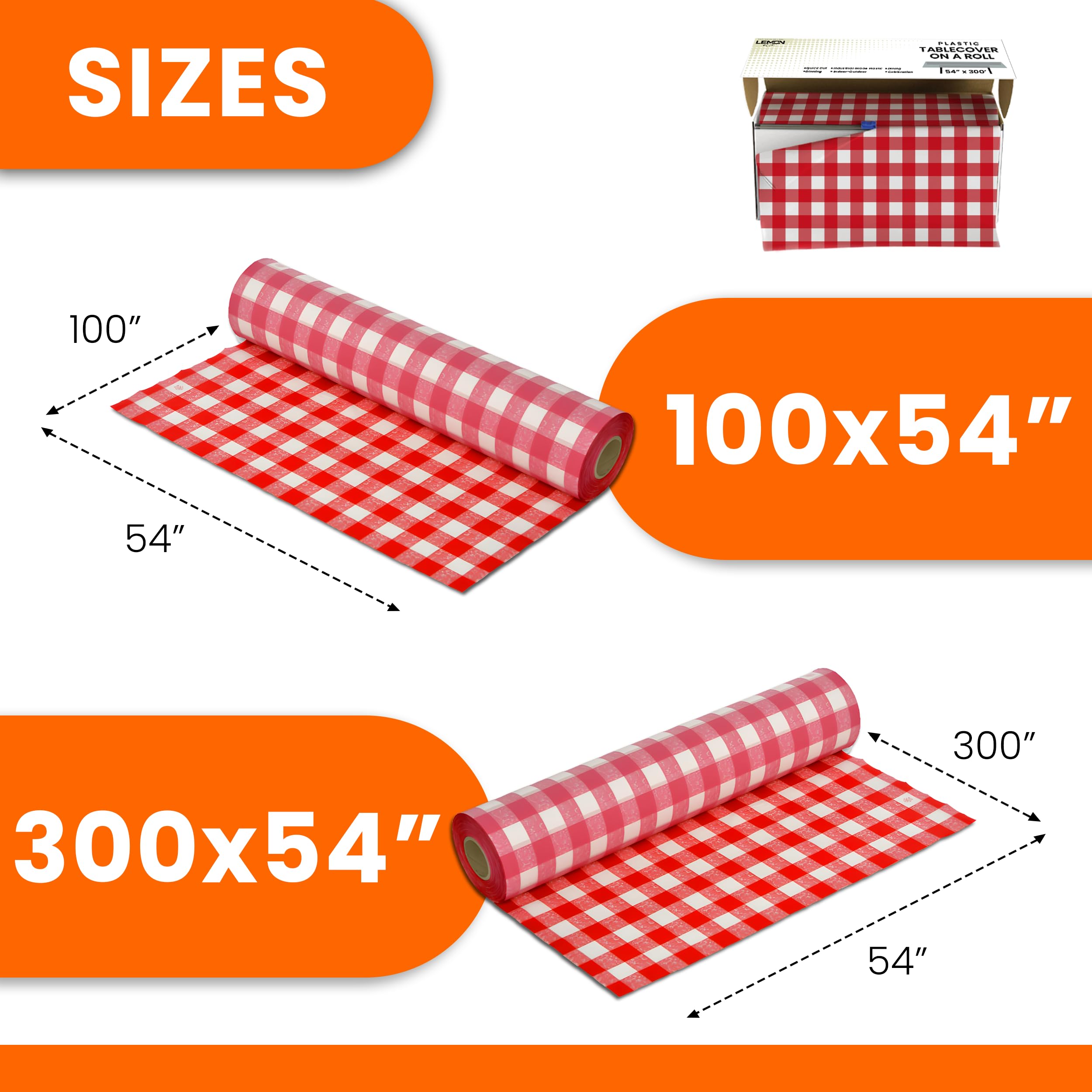 LEMON + Co. Rouleau de nappe en plastique de qualité supérieure - Motif vichy rouge - 137,2 cm x 30,5 m - Pour fêtes - Avec boîte de découpe - Rectangulaire et ronde - Jetable