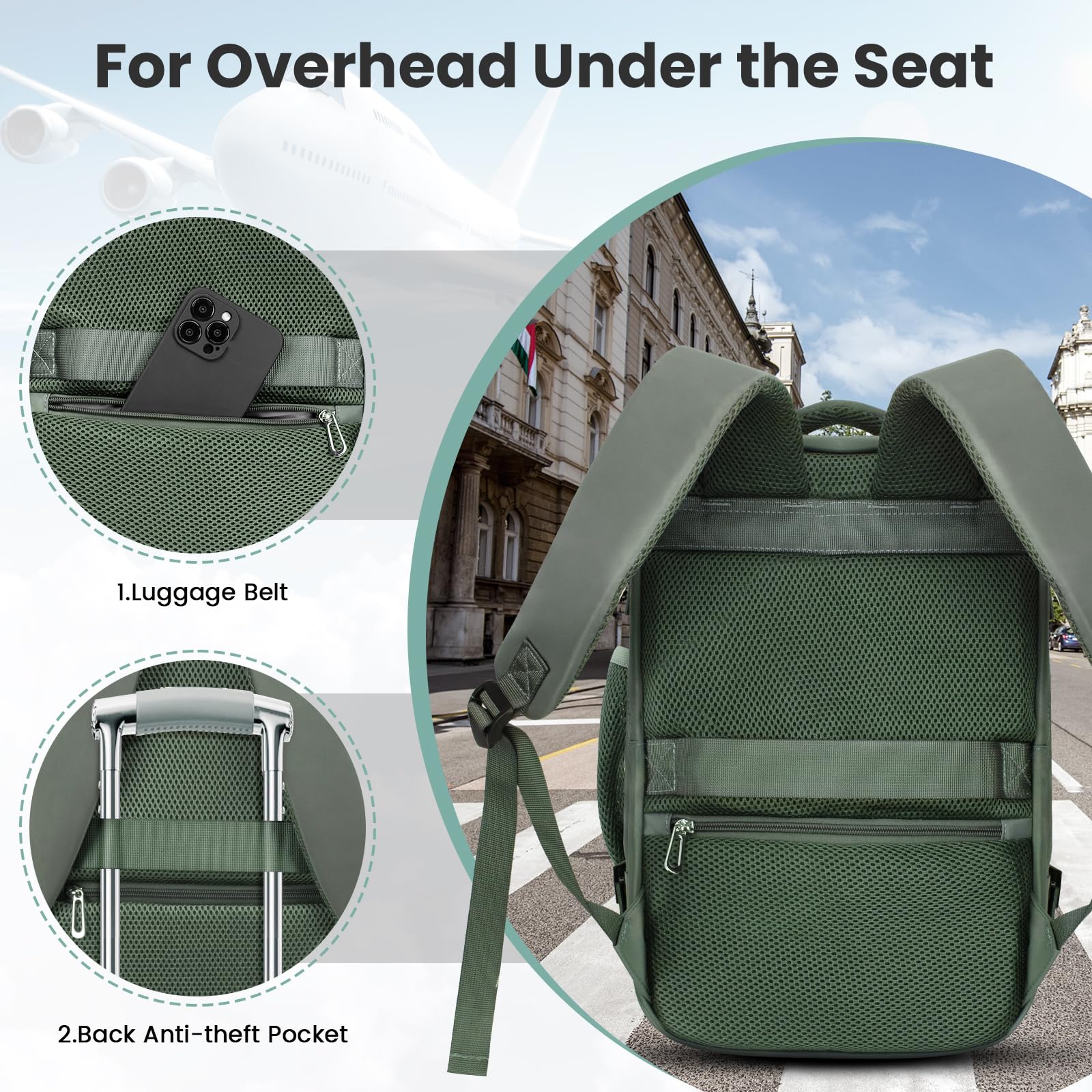 KIRFEIHT Bagage Cabine 40x20x25 20L pour Ryanair - Sac à Dos de Voyage pour compagnies aériennes - Bagage à Main Avion - Vert