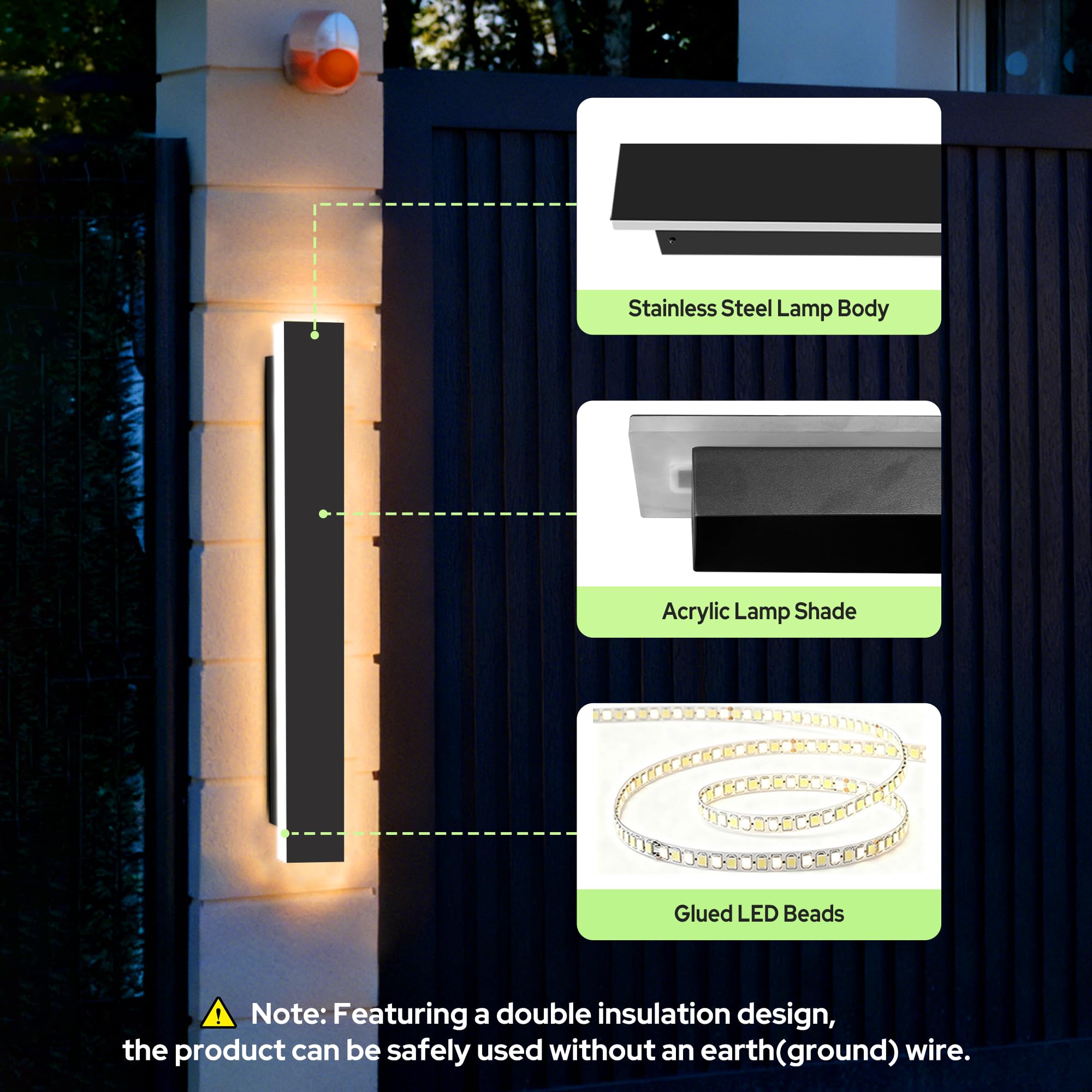 auralab 60cm Lange Wandleuchte Außen, IP65 Wasserdicht Edelstahl LED aussenleuchte, 3000K Moderne LED Außenwandleuchte für Pool, Wohnzimmer und Eingang, Schwarz