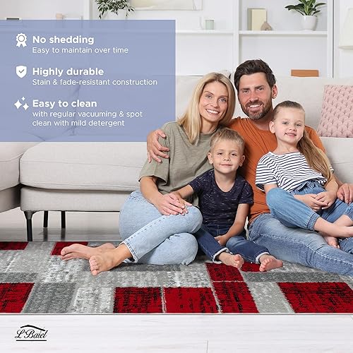 Miniatura 6 de L'Baiet Verena - Alfombra geométrica roja y gris de 8 x 10 pies, alfombra de área grande para sala de estar, dormitorio, mesa de comedor, oficina,