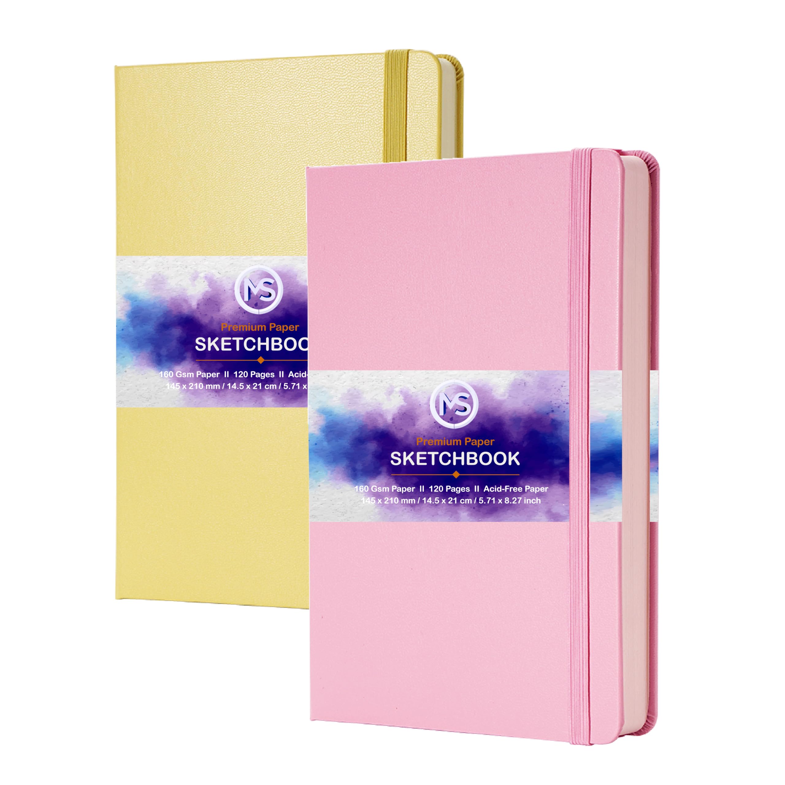 Sketchbook Journal Acid-Free 160gsm Paper 120 Pages (60 Sheets) Sewn Binding 5.8" X 8.3" A5 Leatherette Cover Sketch Book for Artists Mixed Media Use - Pack of 2 (Light Yellow & Pink)