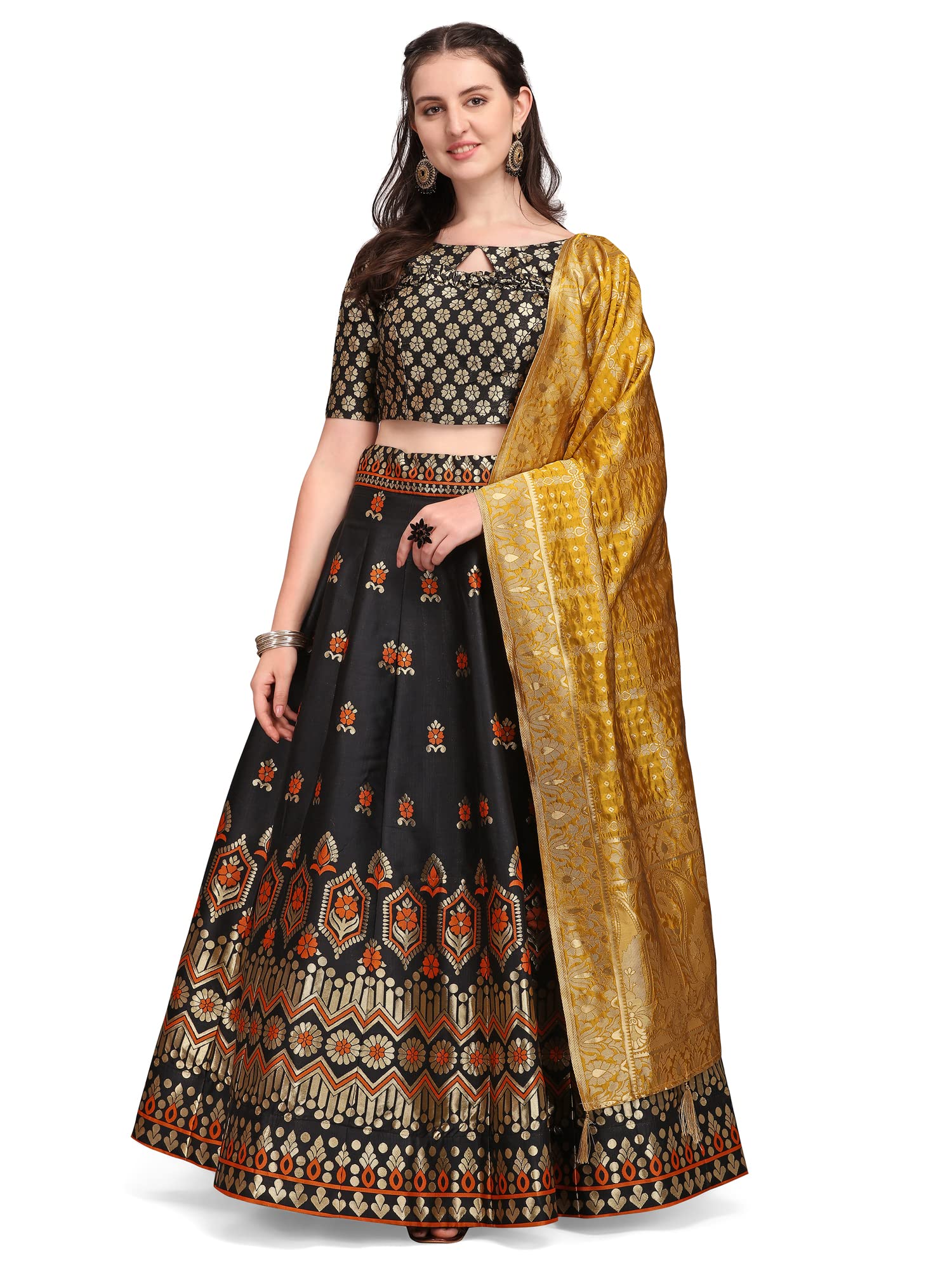 Purvaja Women's Jacquard Semi-Stitched Lehenga Choli (Keshvi-Black_Black_Free Size)
