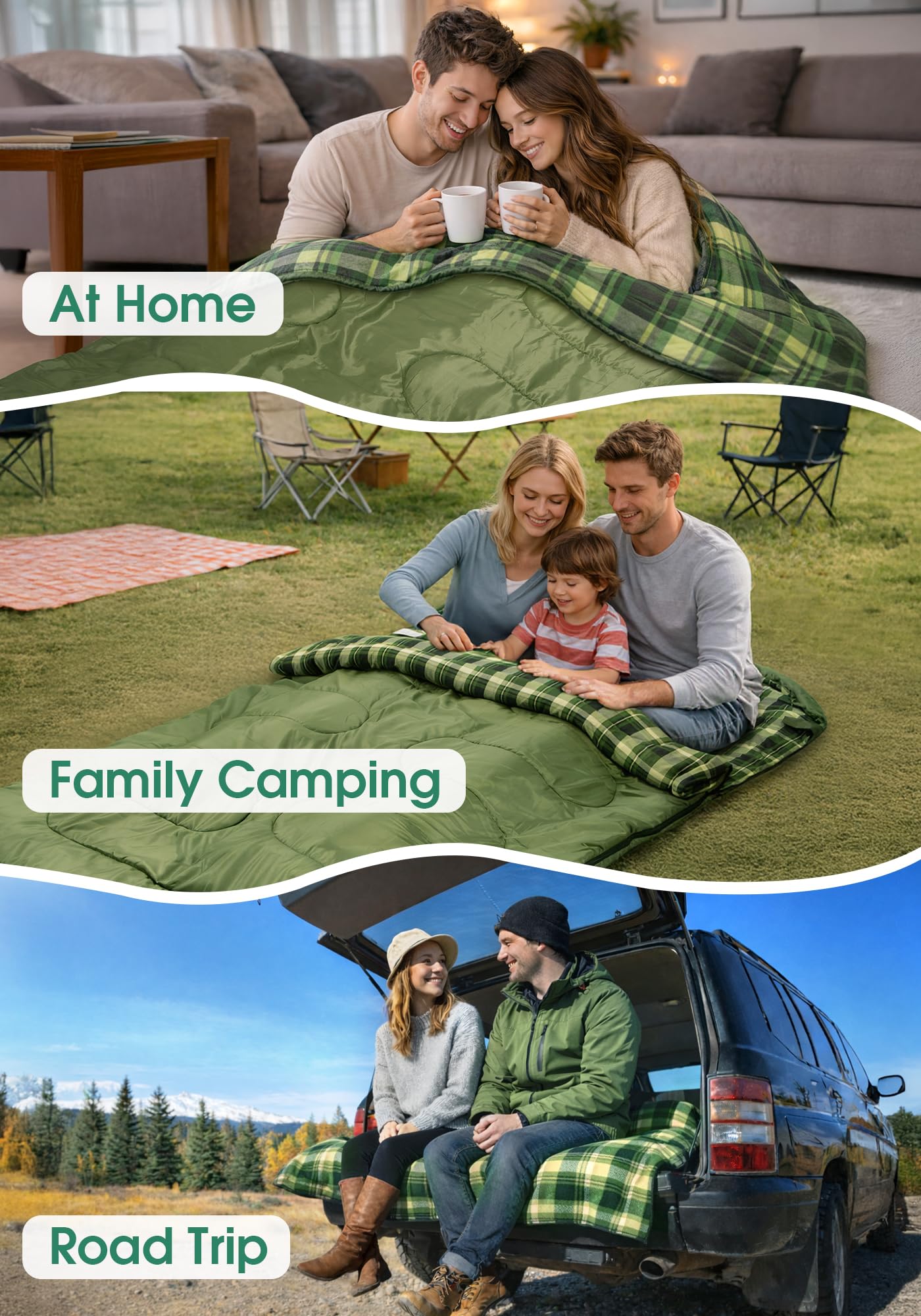 Saco de Dormir Doble de Franela de algodón con 2 Almohadas para Adultos y niños, Camping, 3 Estaciones, Saco de Dormir para Dos Personas, Ligero, Impermeable, con Saco de compresión, tamaño