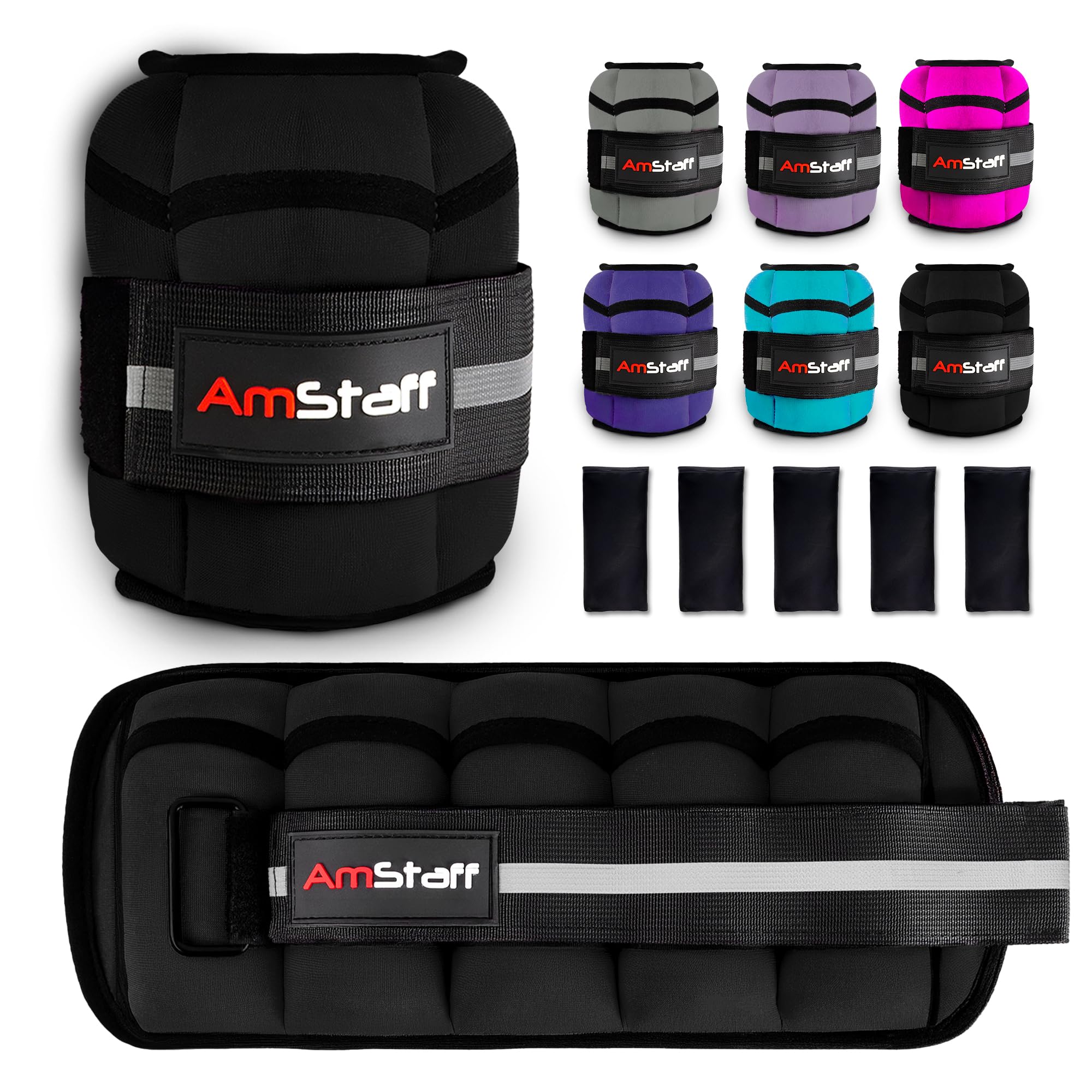 AmStaff Fitness Verstellbare Fußgelenkgewichte, 1 Paar 2, 4, 6, 8, 10 Pfund Bein-Gewichtsbänder für Krafttraining, Gehen, Joggen, Laufen und Fitness-Workouts – 10 Pfund Paar-Set (Schwarz)