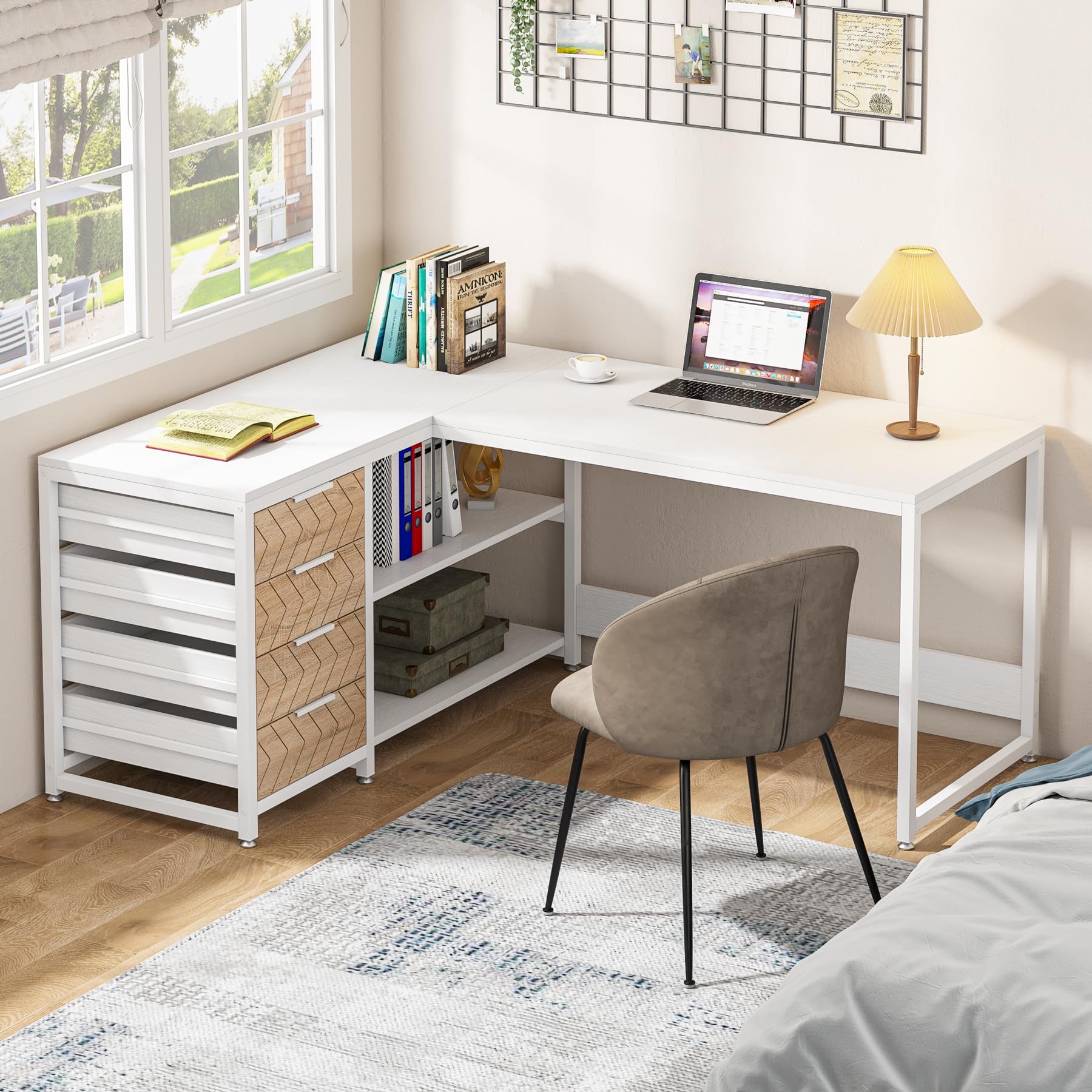 Tribesigns Schreibtisch mit 4 Schubladen, L-förmiger Computertisch mit 2 Ablagen, Reversible Eckschreibtisch für Büro,Arbeitszimmer, Wohnzimmer,155×110×75cm (weiß)