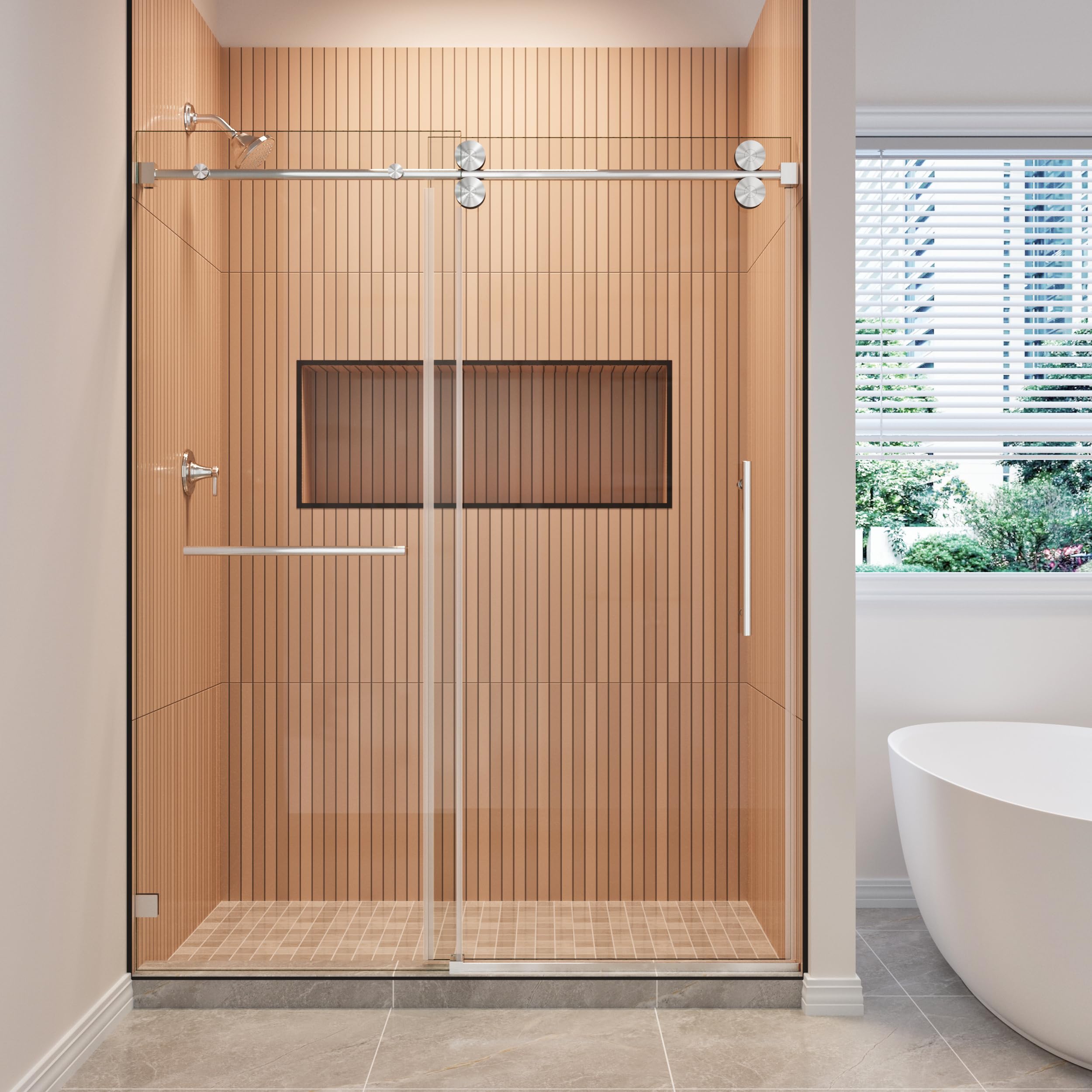 AHNDL Glass Shower Door 66" W x 76" H Framless Single Sliding Shower Door with 3/8" (10mm) Clear SGCC Tempered Glass, Walk in Shower Brushed Nickel