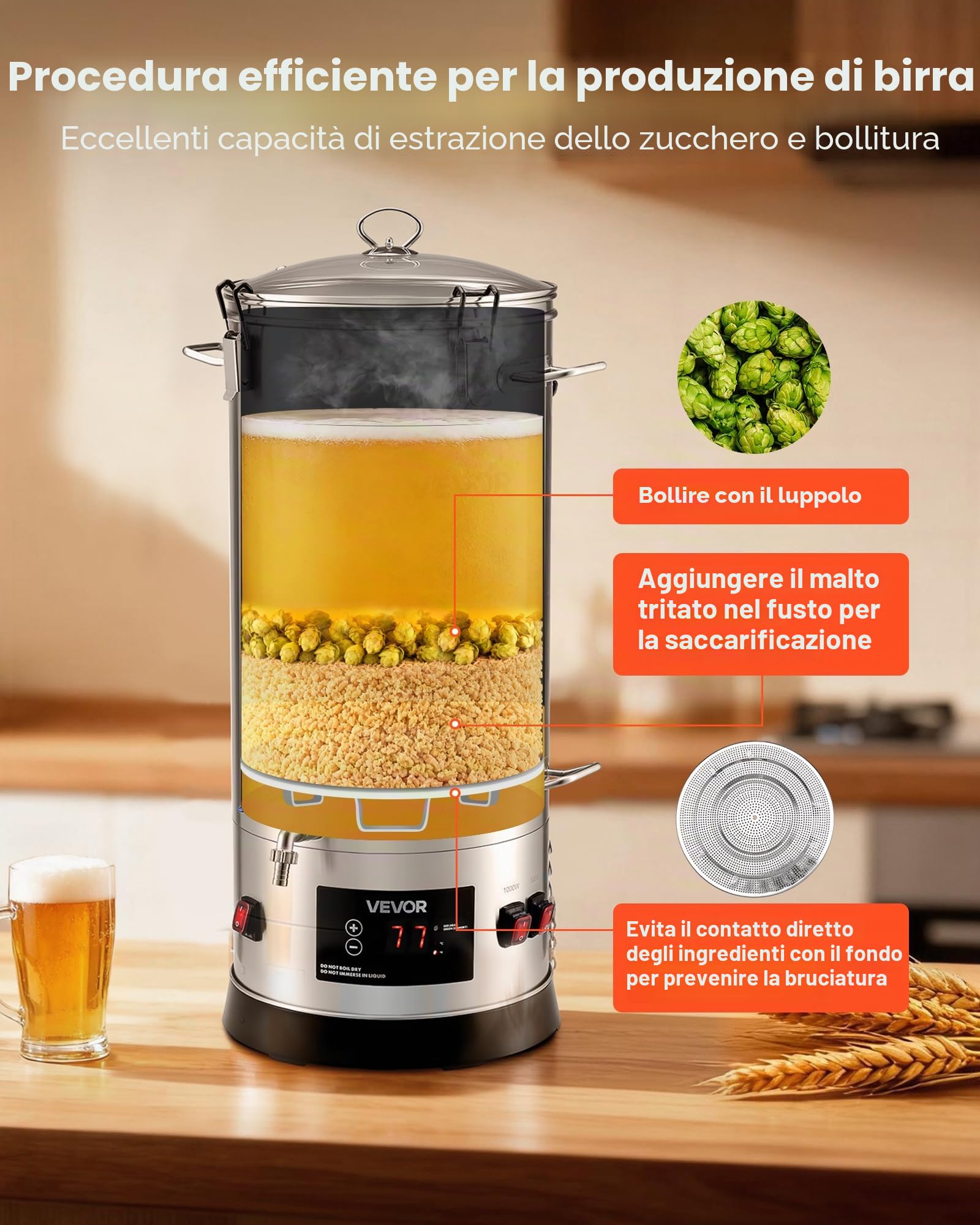 VEVOR Sistema di Attrezzatura Elettrica per Produzione di Birra, Bollitore per Birra 30 litri Uso Domestico, Cuocitore di Mosto con Canna Interna Maniglia Rubinetto, Kit Utensili per Homebrewing