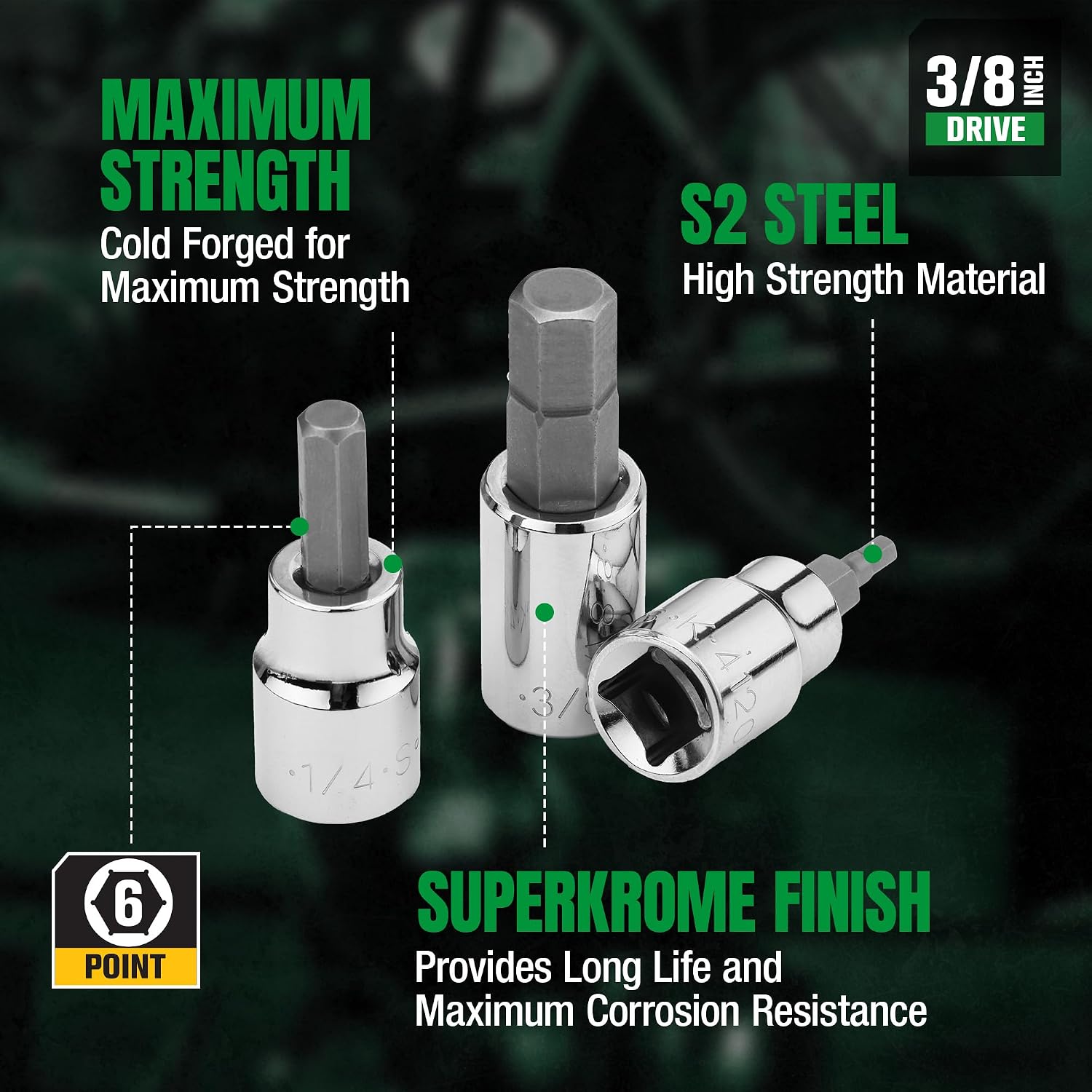 SK Tools USA 3/8" Drive, 7 Piece, Standard, SAE, Chrome Hex Bit Socket Set: 1/8" - 3/8" | 19723